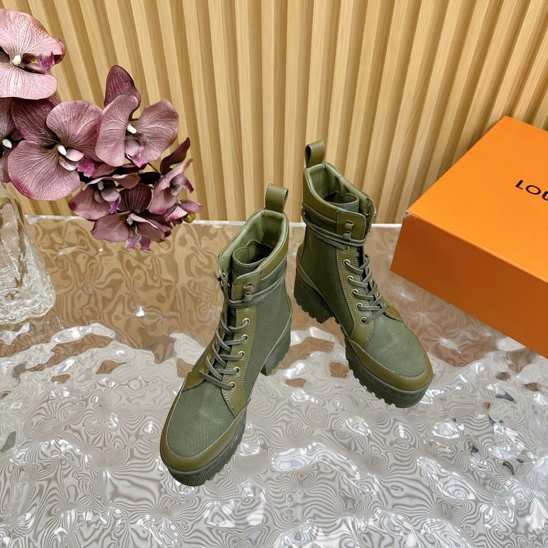 Louis Vuitton Olive Green Platform Combat Ankle Boots for Women