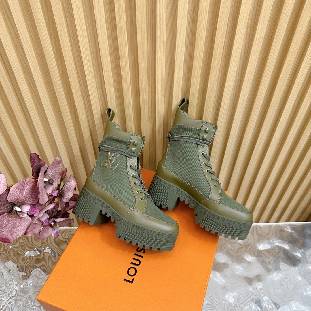 Louis Vuitton Olive Green Platform Combat Ankle Boots for Women