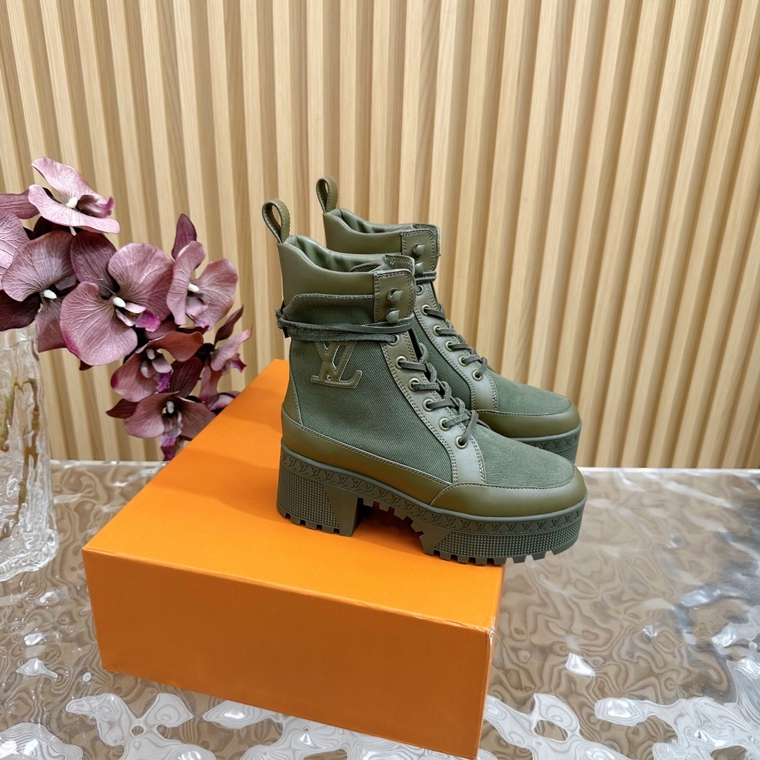 Louis Vuitton Olive Green Platform Combat Ankle Boots for Women