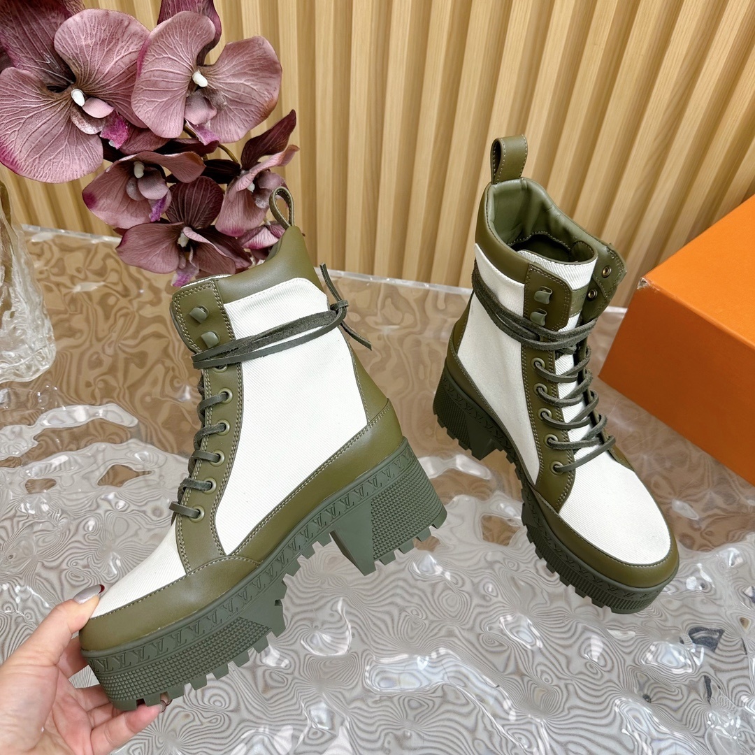 LV Style Olive Green & White Canvas Platform Ankle Boots