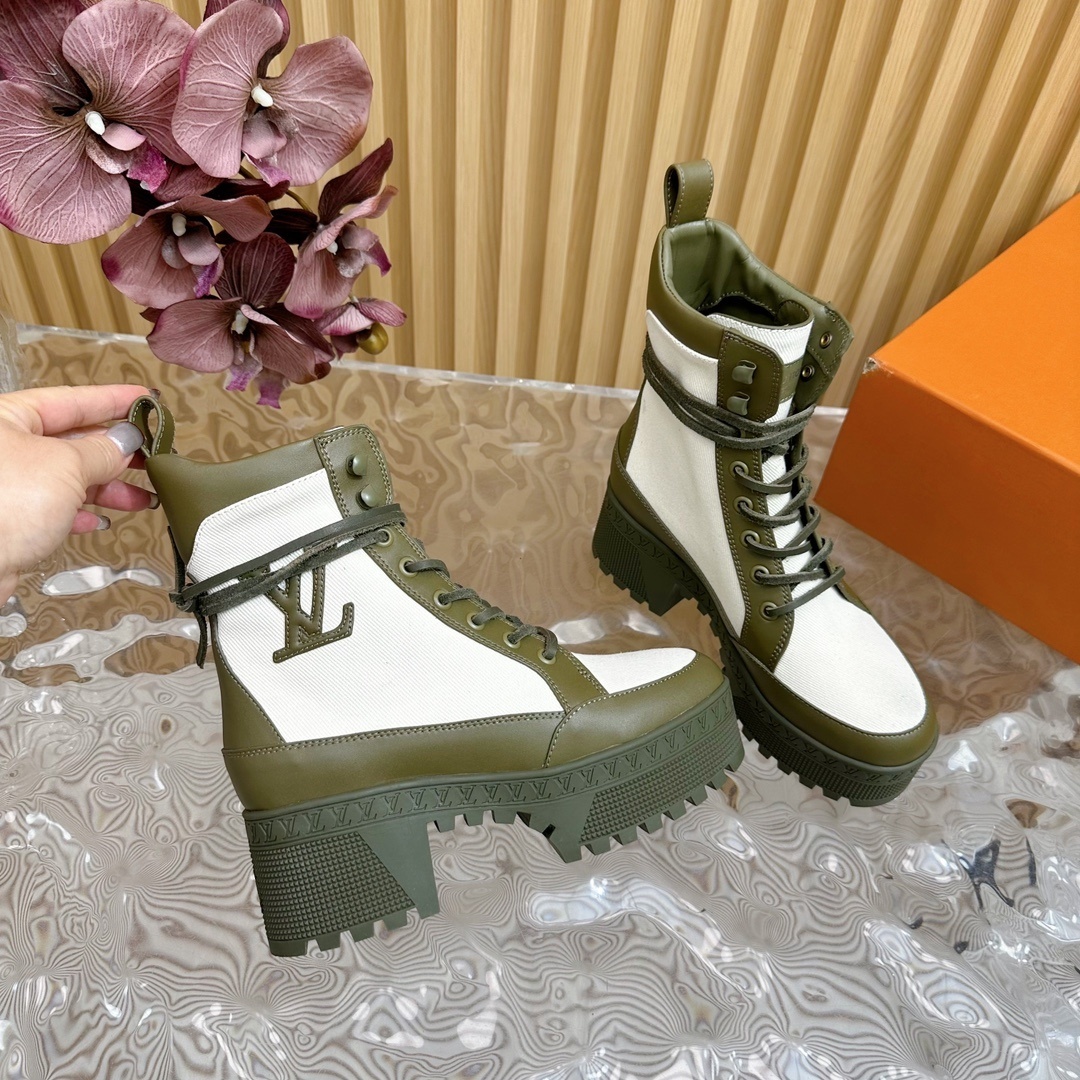 LV Style Olive Green & White Canvas Platform Ankle Boots