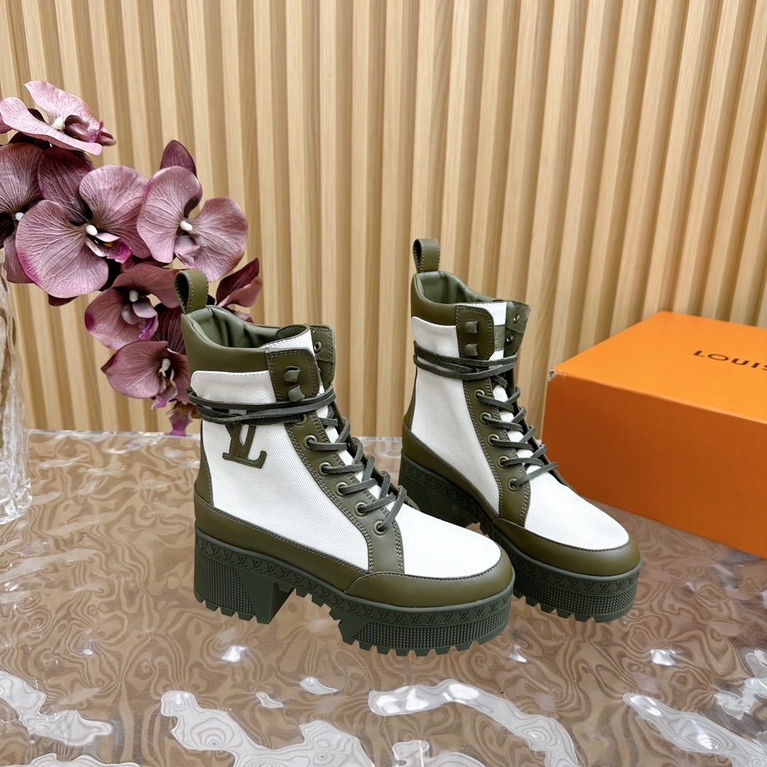 LV Style Olive Green & White Canvas Platform Ankle Boots