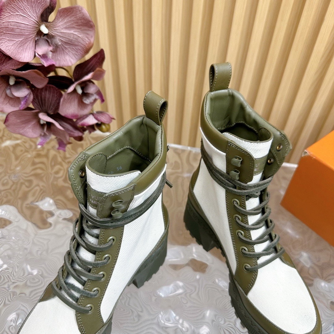 LV Style Olive Green & White Canvas Platform Ankle Boots