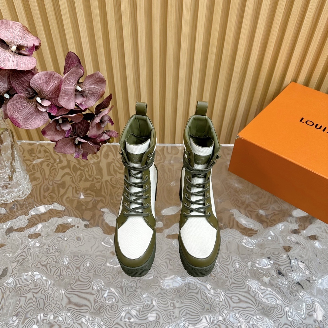 LV Style Olive Green & White Canvas Platform Ankle Boots