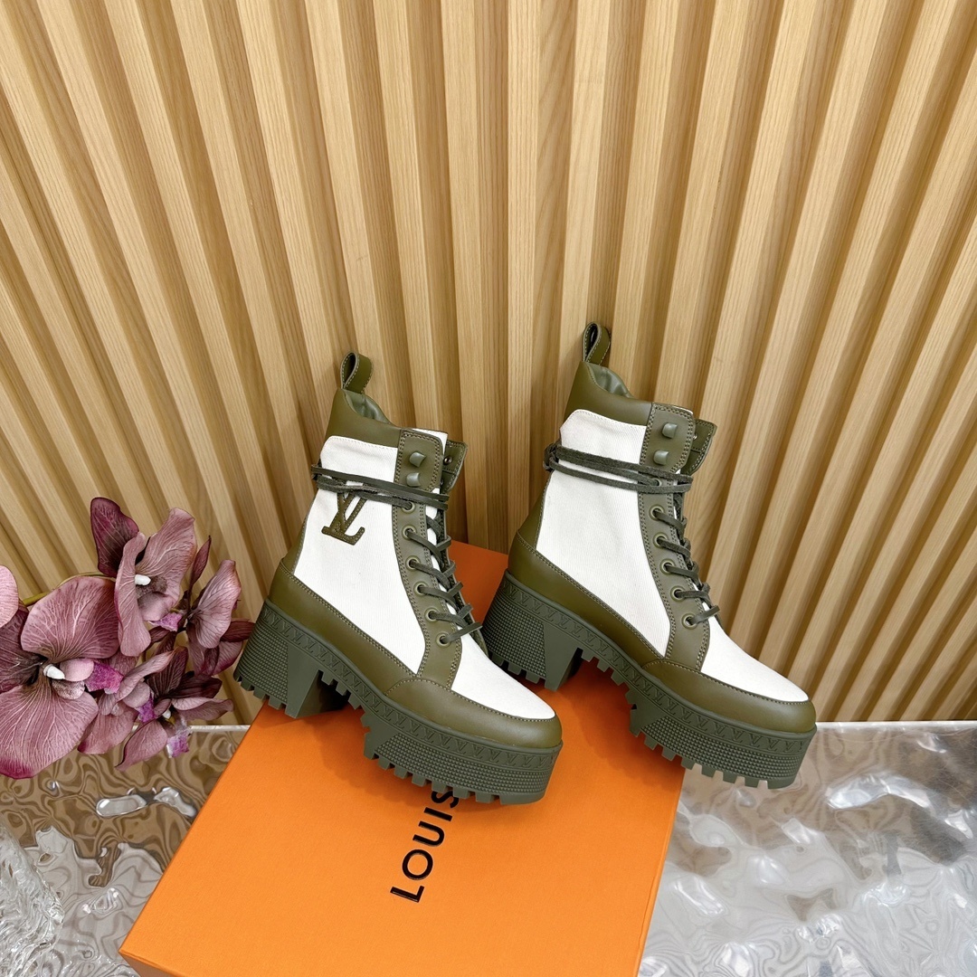 LV Style Olive Green & White Canvas Platform Ankle Boots
