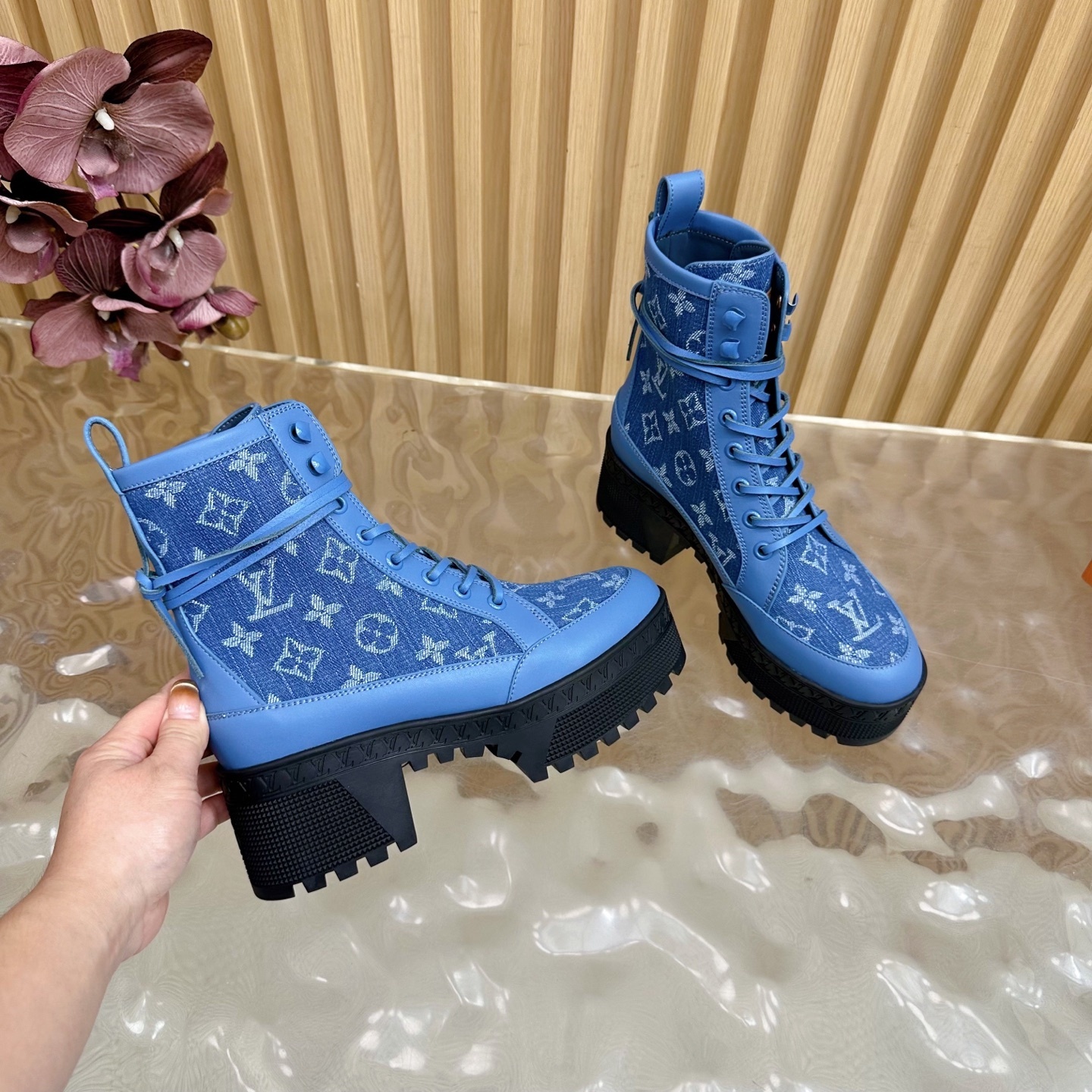 Luxury Blue Monogram Denim Platform Ankle Boots for Women