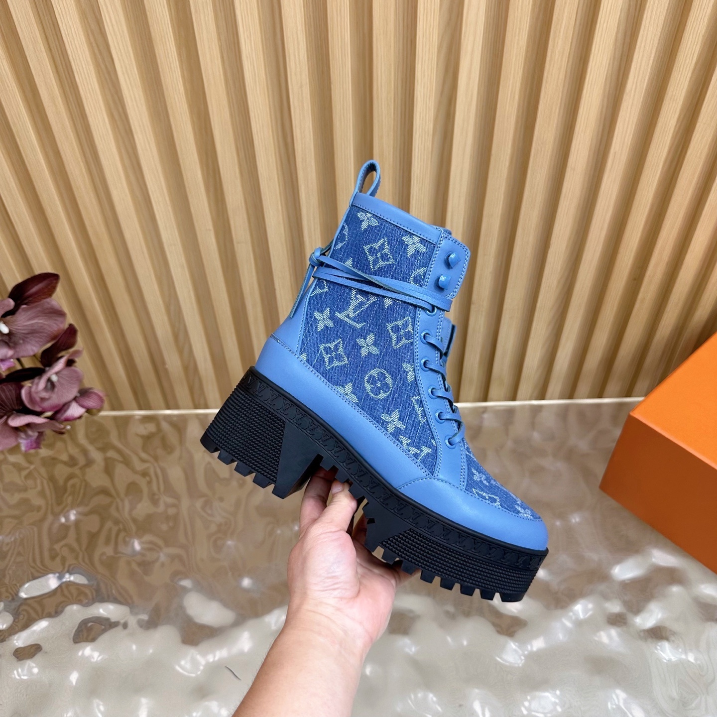 Luxury Blue Monogram Denim Platform Ankle Boots for Women