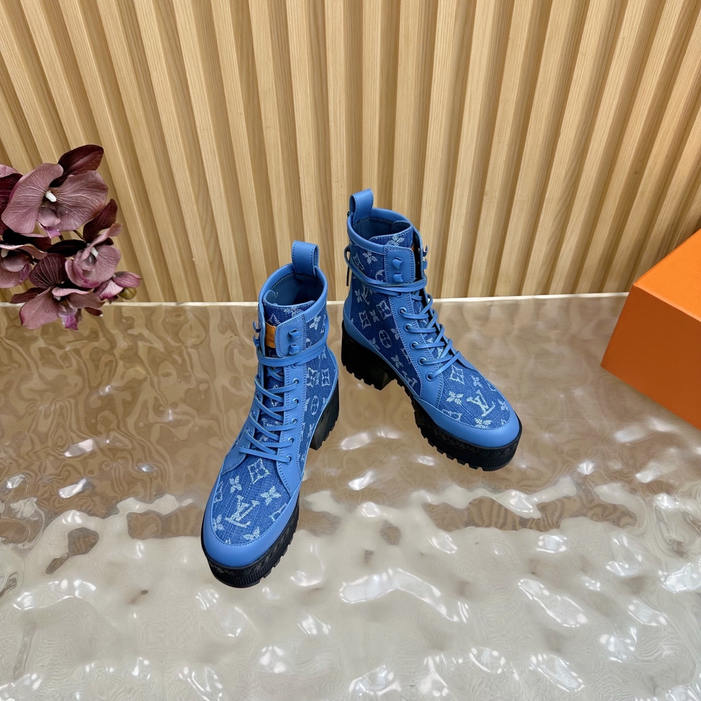 Luxury Blue Monogram Denim Platform Ankle Boots for Women