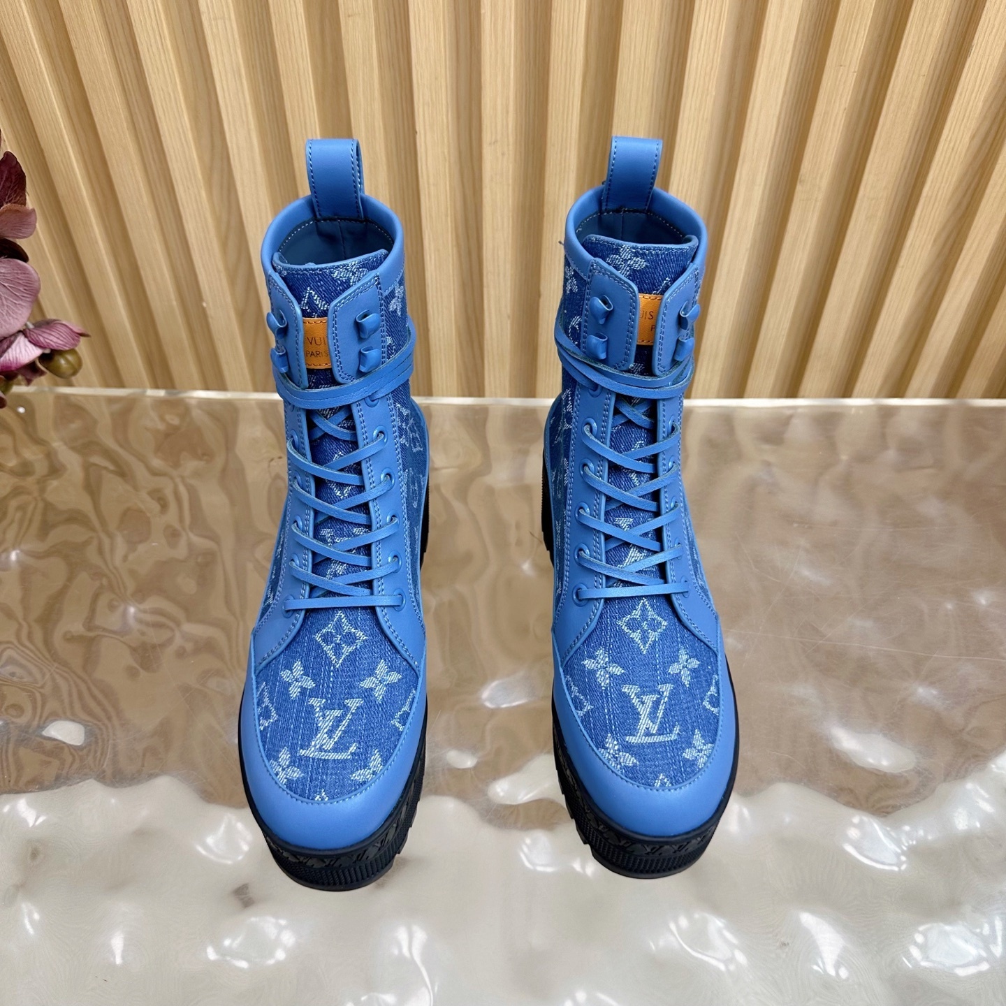 Luxury Blue Monogram Denim Platform Ankle Boots for Women