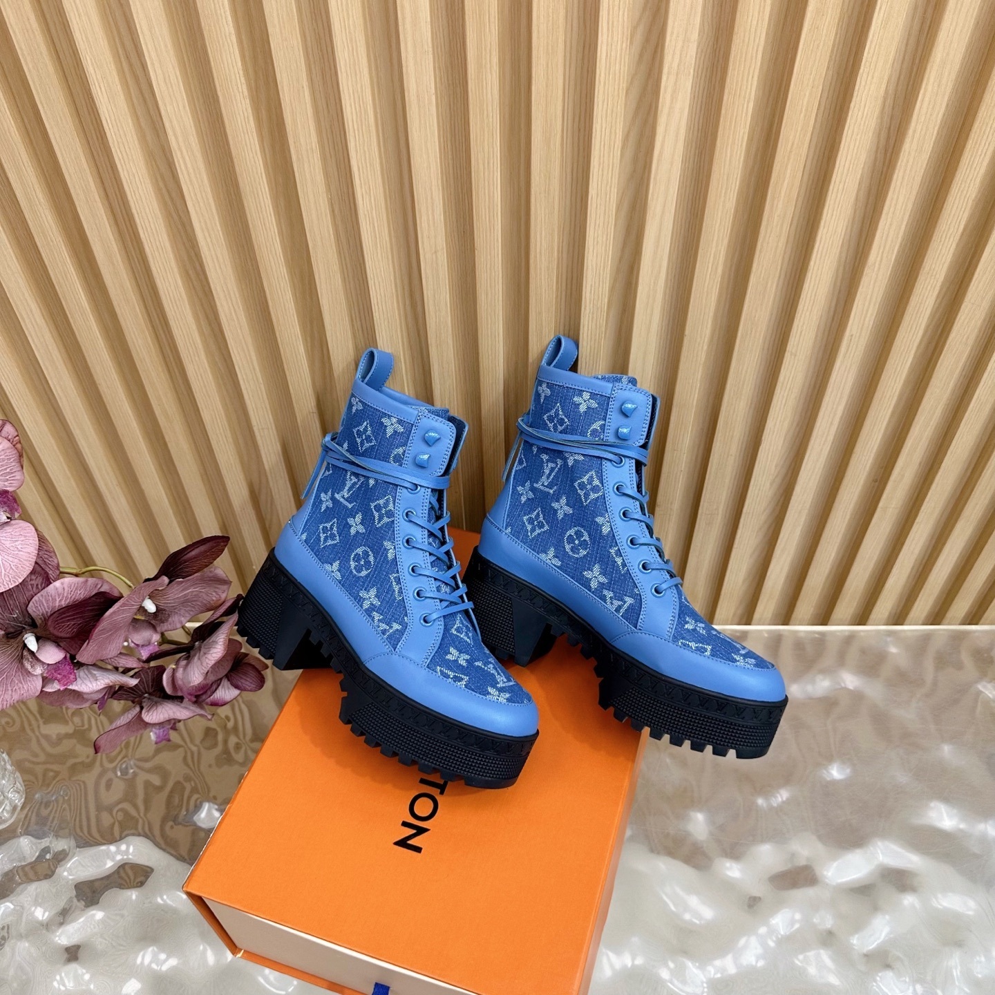 Luxury Blue Monogram Denim Platform Ankle Boots for Women