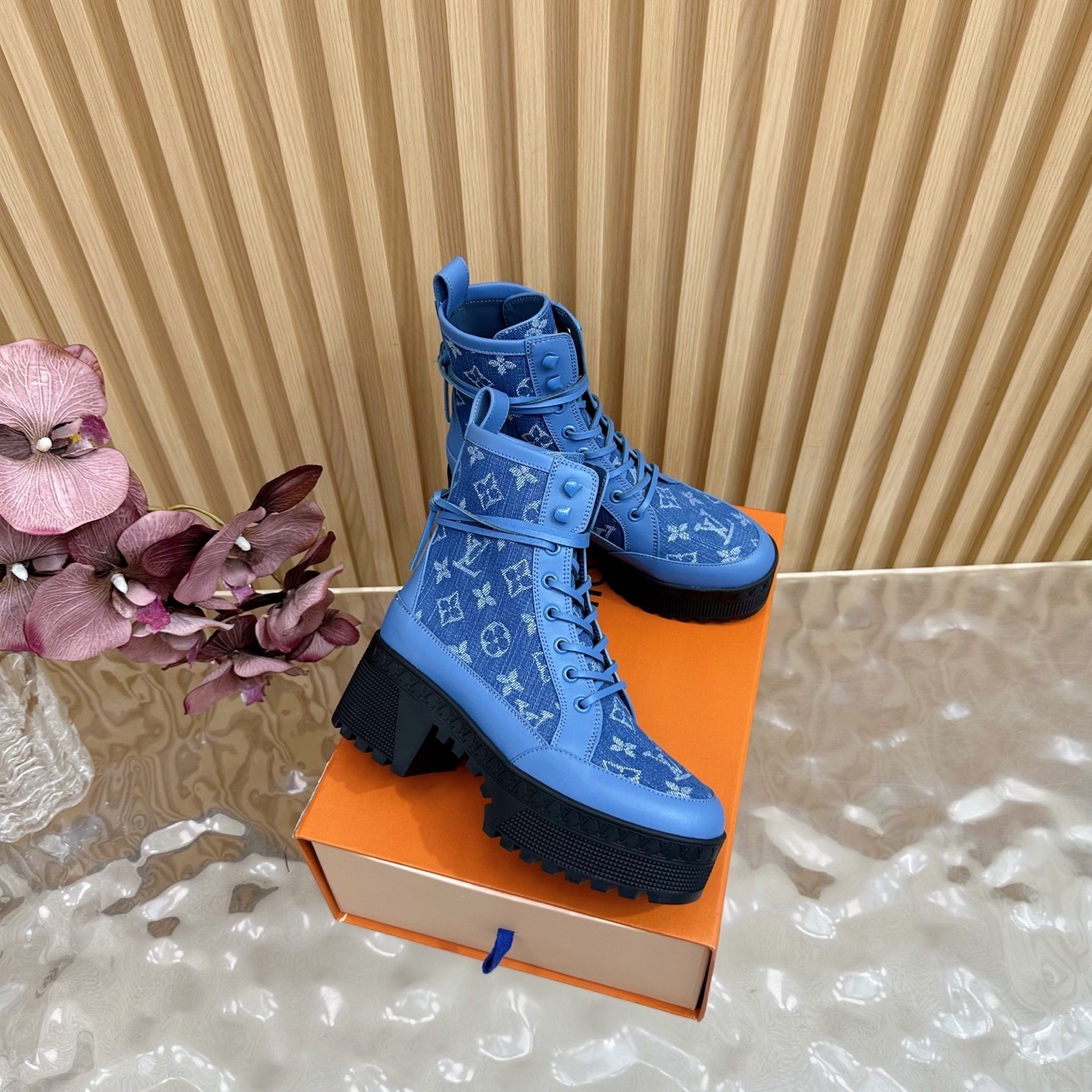 Luxury Blue Monogram Denim Platform Ankle Boots for Women