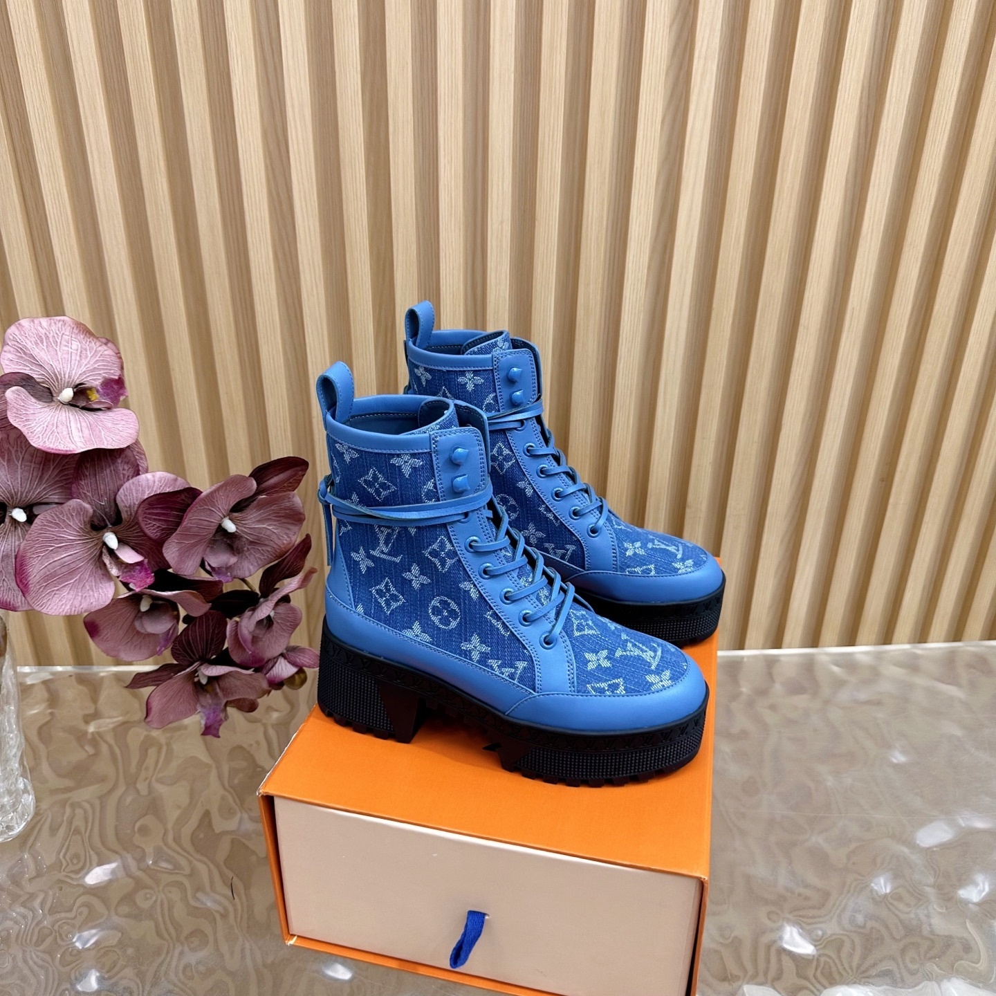 Luxury Blue Monogram Denim Platform Ankle Boots for Women
