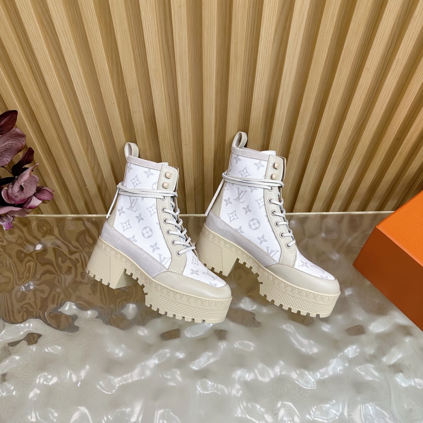 Louis Vuitton Monogram Platform Ankle Boots - Cream Beige