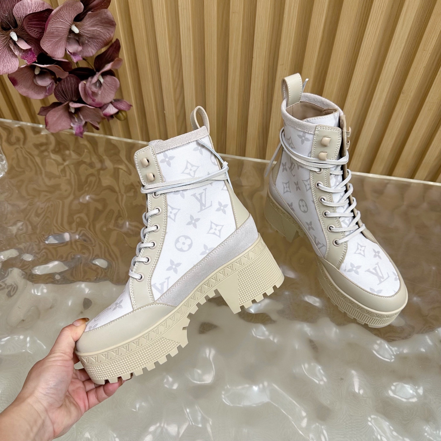 Louis Vuitton Monogram Platform Ankle Boots - Cream Beige