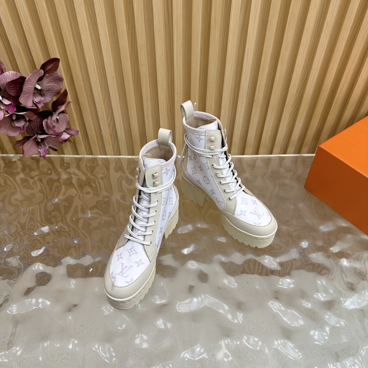 Louis Vuitton Monogram Platform Ankle Boots - Cream Beige