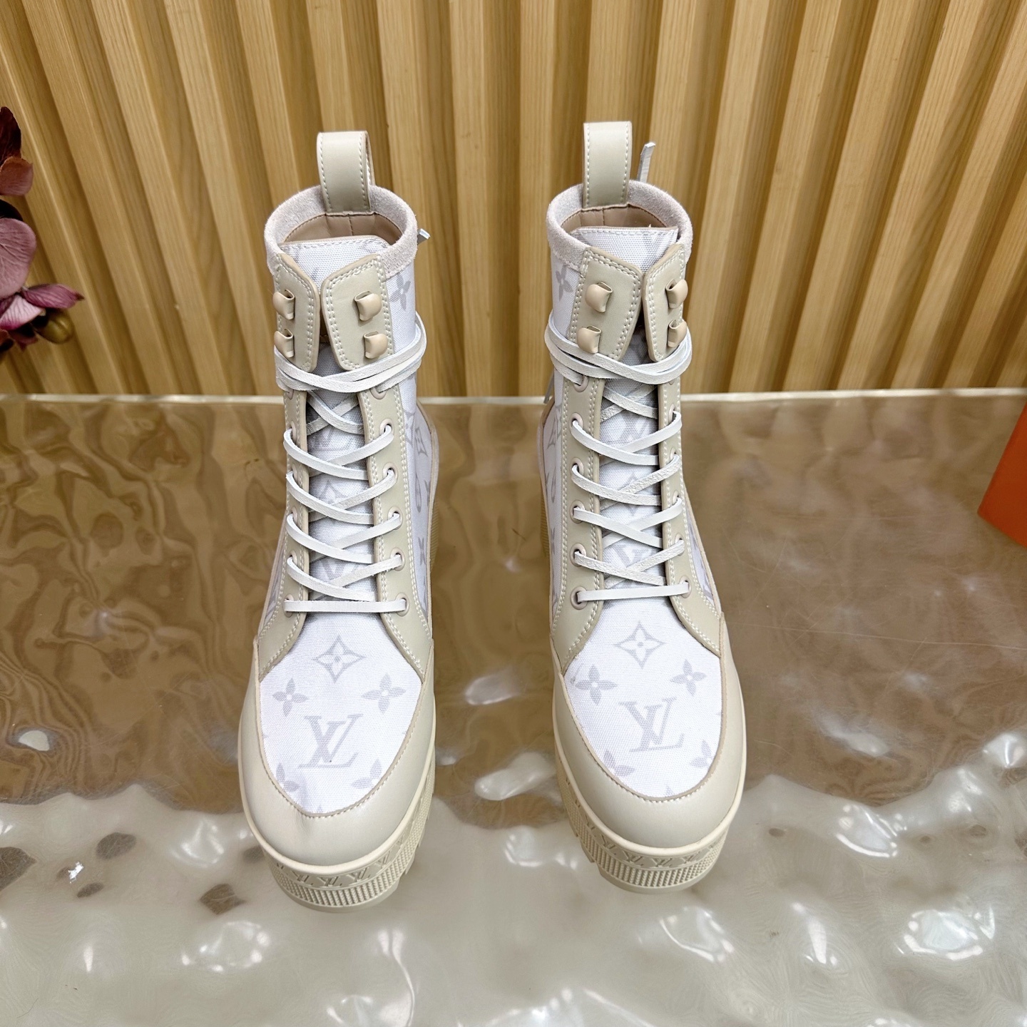 Louis Vuitton Monogram Platform Ankle Boots - Cream Beige