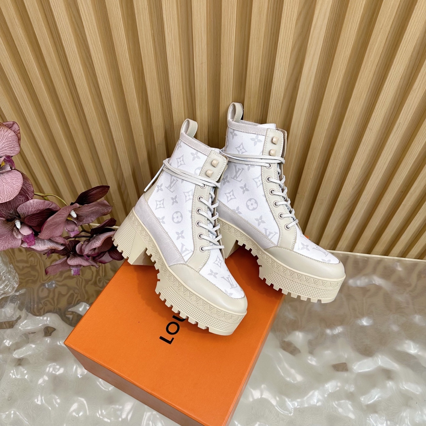 Louis Vuitton Monogram Platform Ankle Boots - Cream Beige