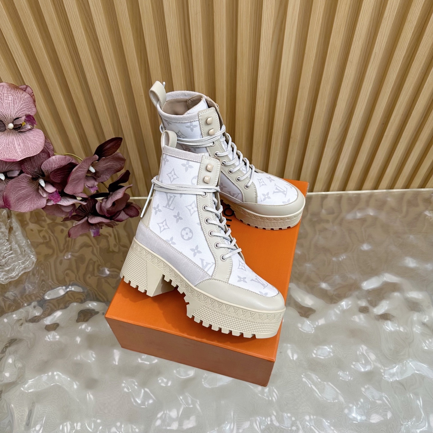 Louis Vuitton Monogram Platform Ankle Boots - Cream Beige