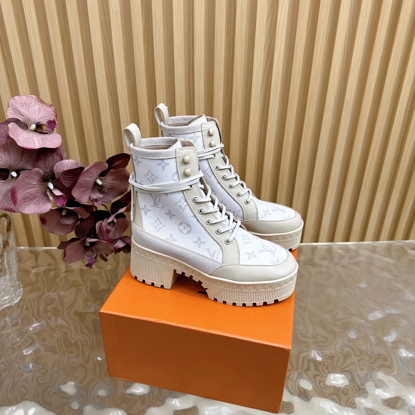 Louis Vuitton Monogram Platform Ankle Boots – Cream Beige