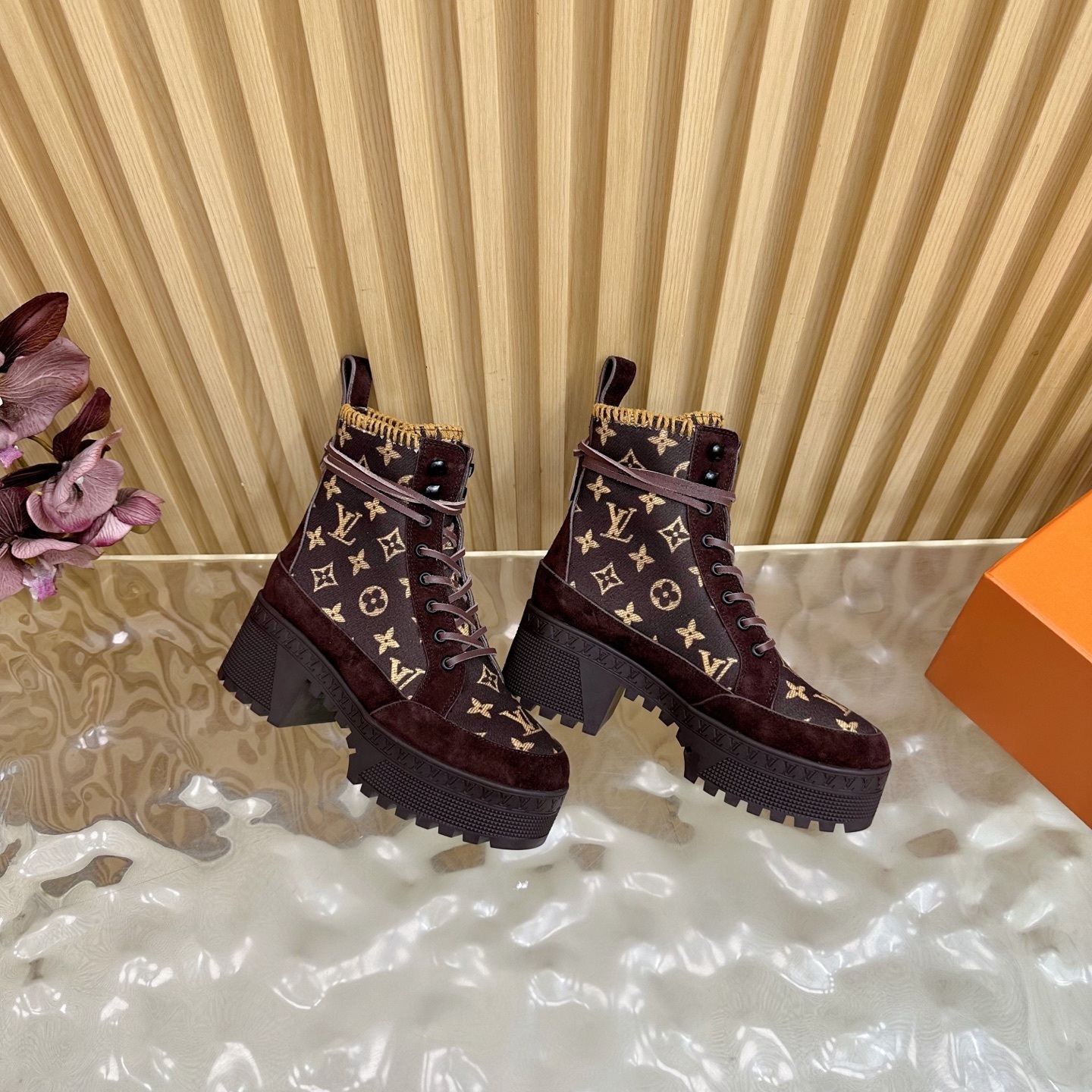 Louis Vuitton Monogram Suede Platform Combat Boots