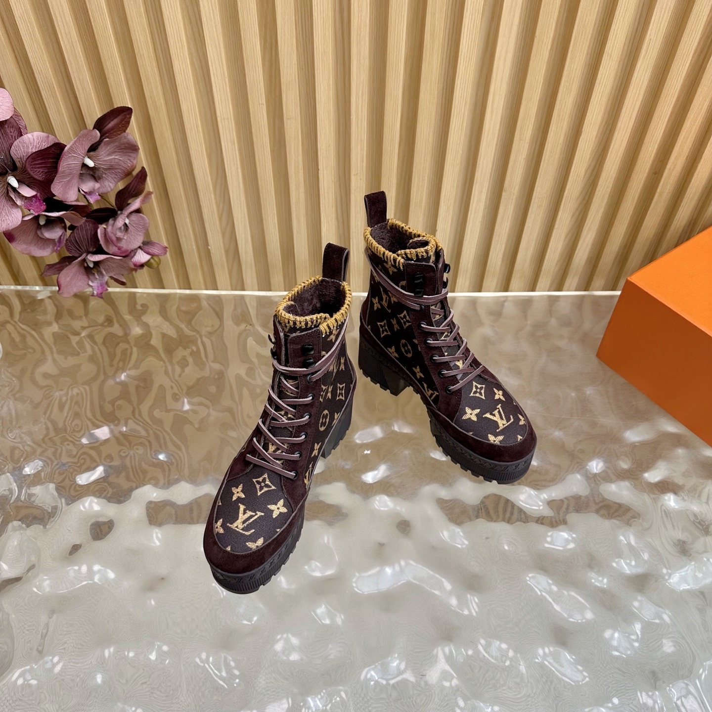 Louis Vuitton Monogram Suede Platform Combat Boots