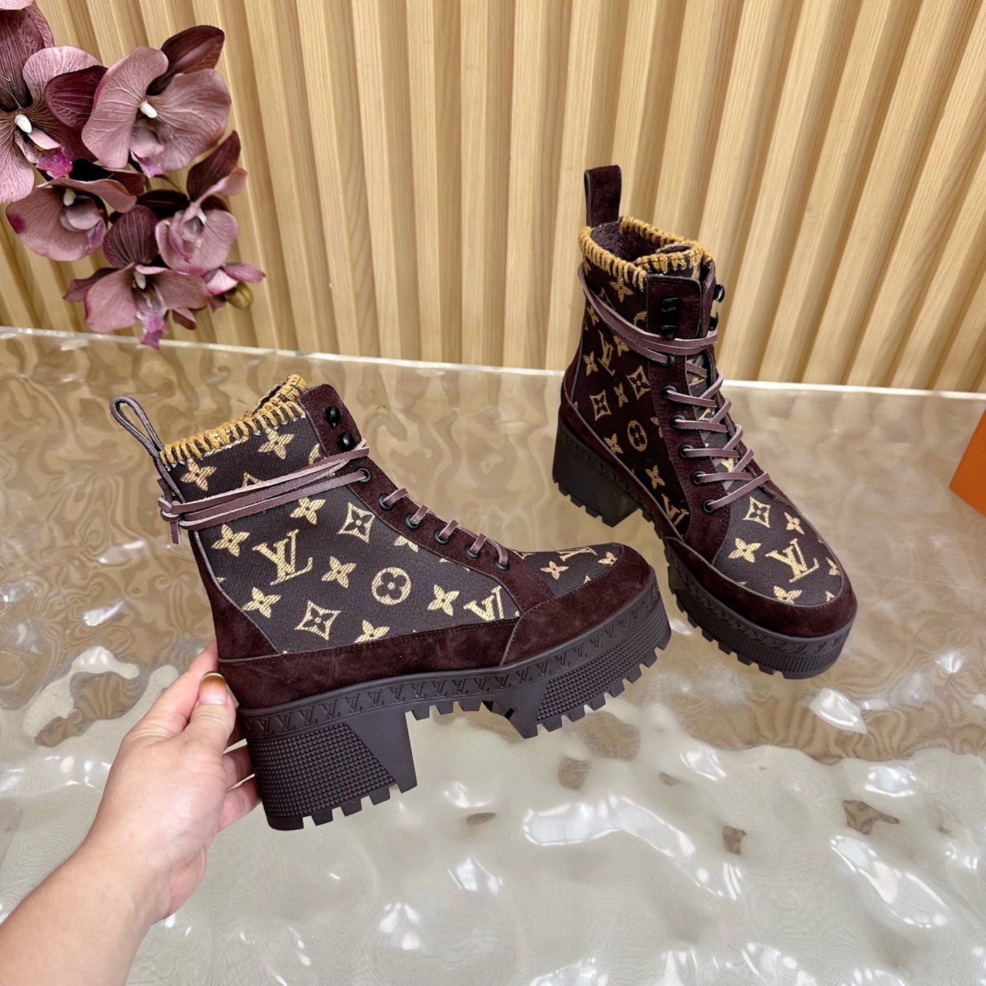 Louis Vuitton Monogram Suede Platform Combat Boots