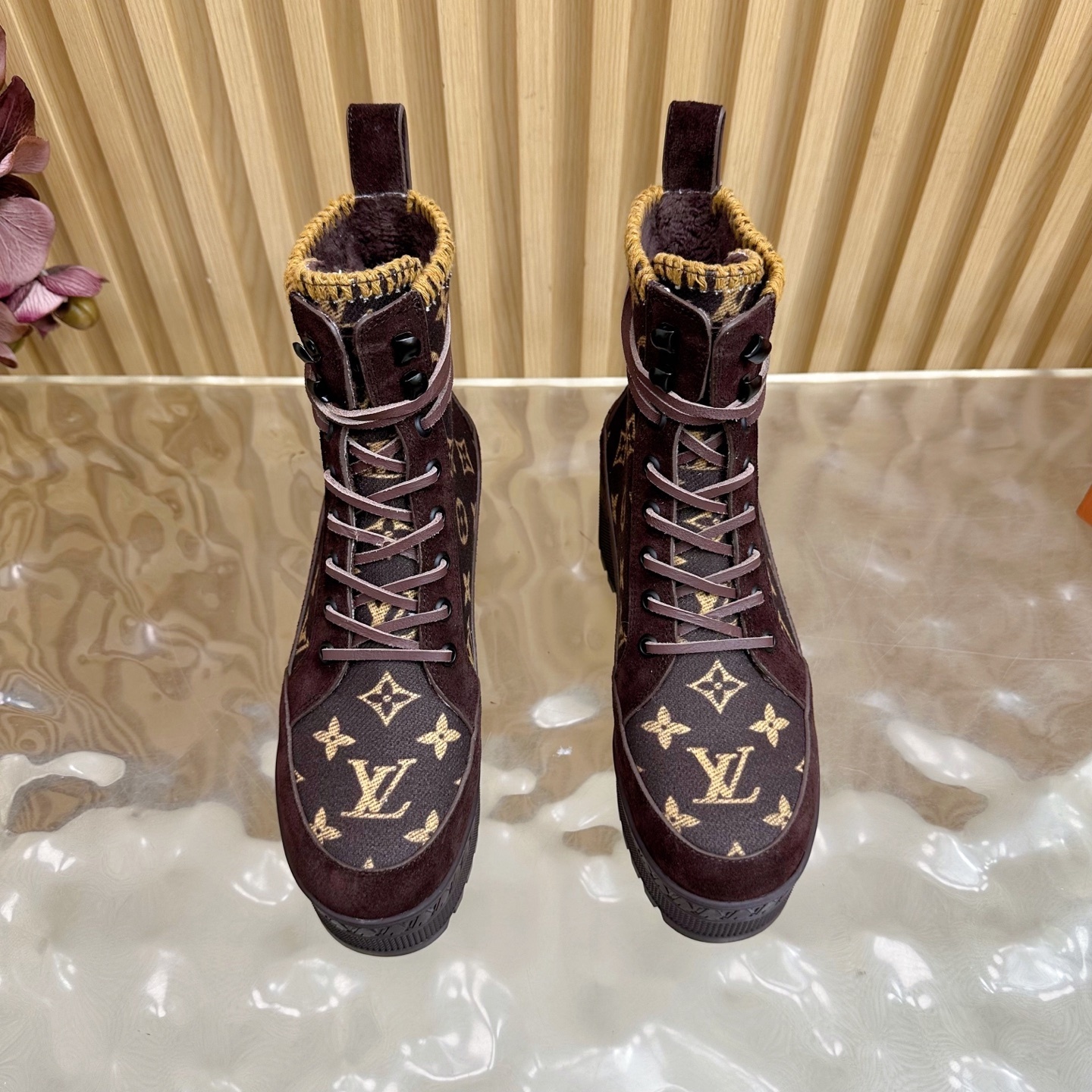 Louis Vuitton Monogram Suede Platform Combat Boots