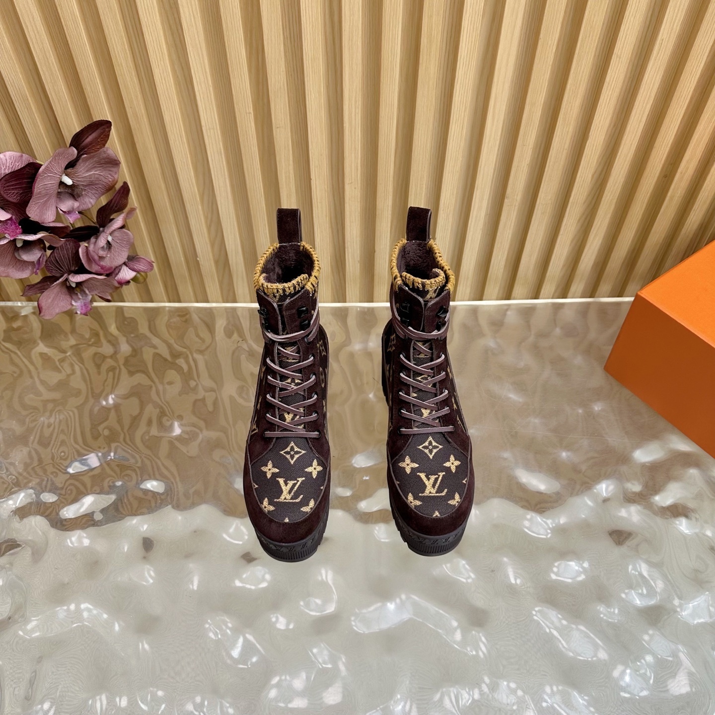 Louis Vuitton Monogram Suede Platform Combat Boots