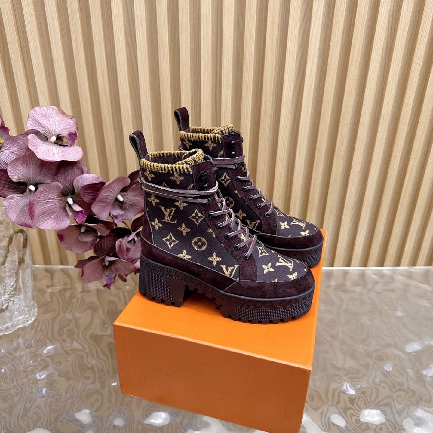 Louis Vuitton Monogram Suede Platform Combat Boots