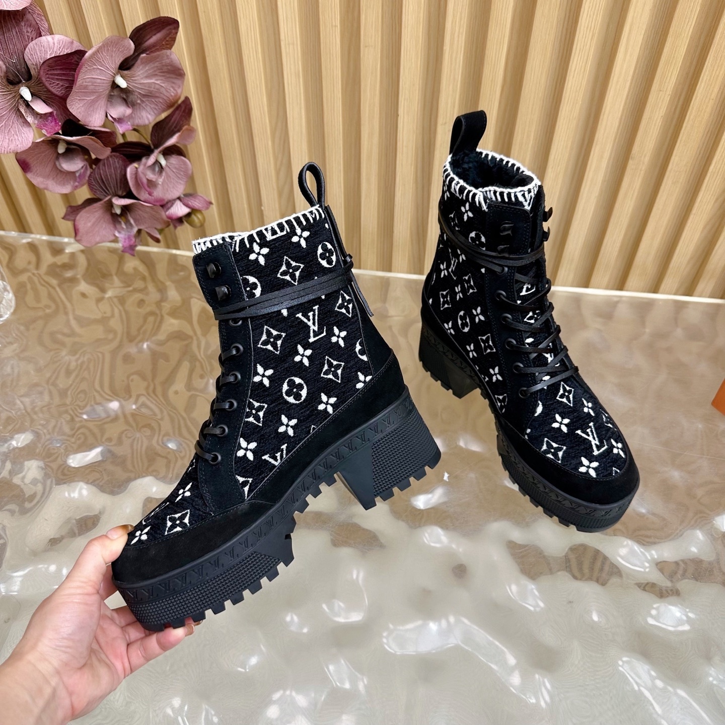 Louis Vuitton Monogram Embroidered Platform Combat Ankle Boots