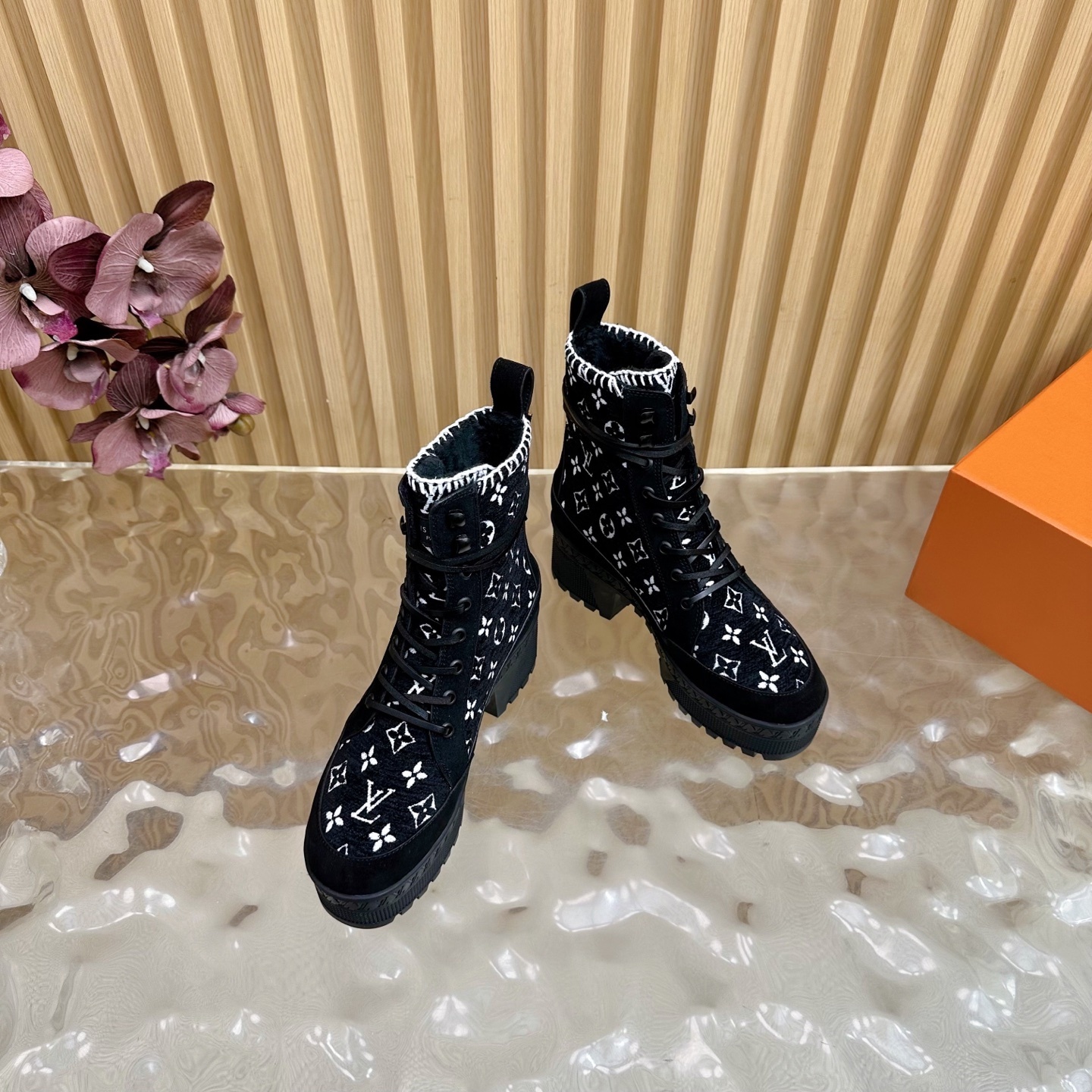 Louis Vuitton Monogram Embroidered Platform Combat Ankle Boots