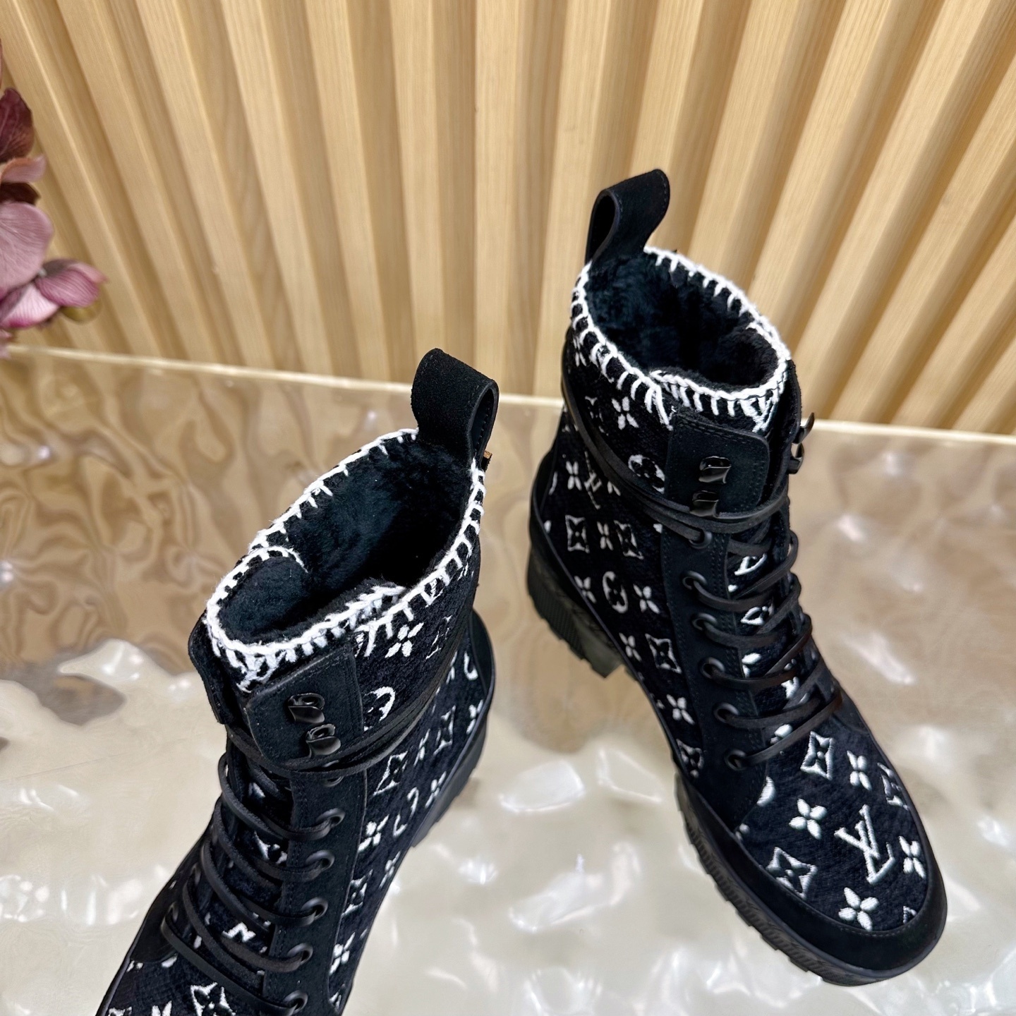 Louis Vuitton Monogram Embroidered Platform Combat Ankle Boots