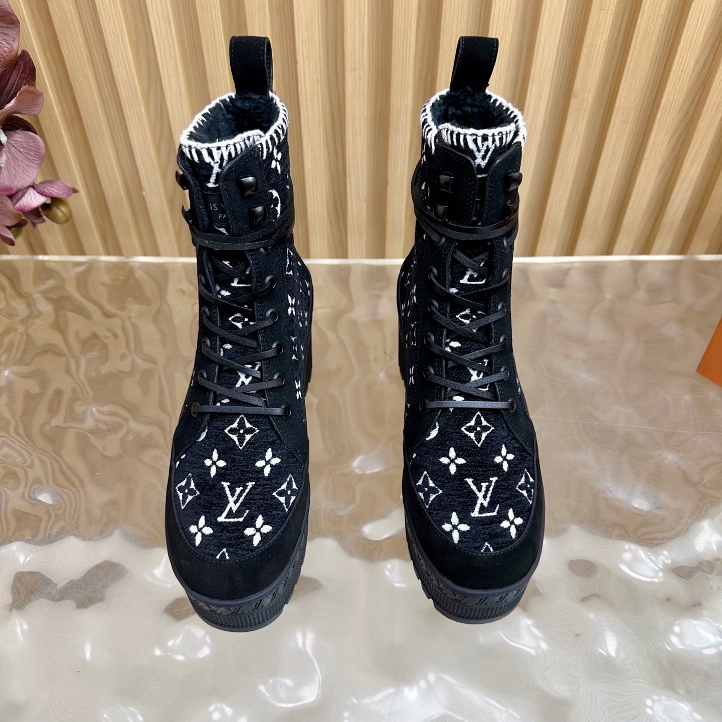 Louis Vuitton Monogram Embroidered Platform Combat Ankle Boots