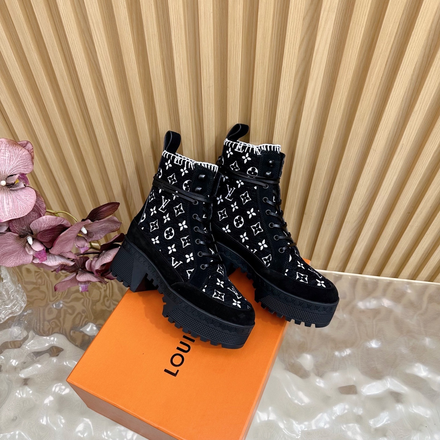 Louis Vuitton Monogram Embroidered Platform Combat Ankle Boots