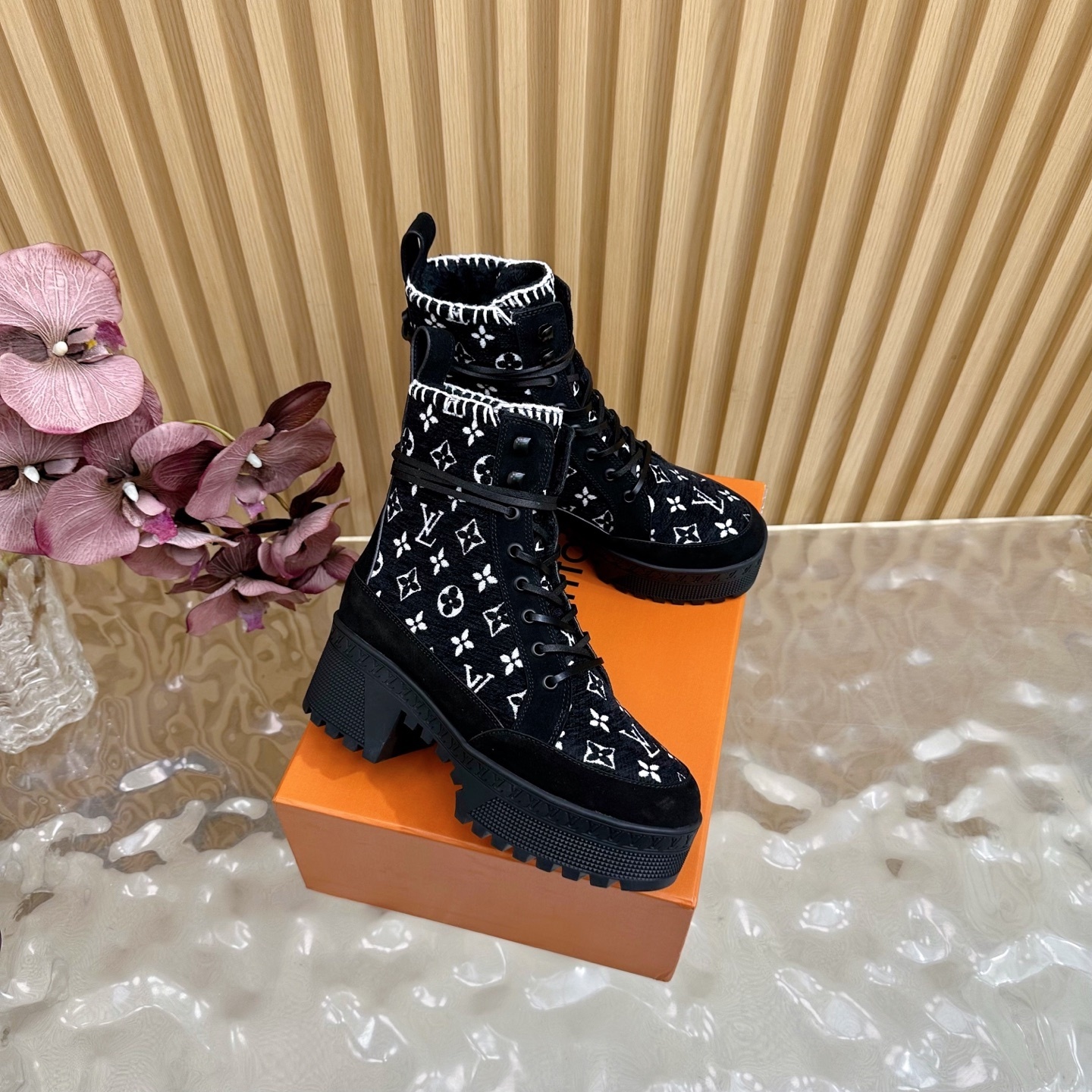 Louis Vuitton Monogram Embroidered Platform Combat Ankle Boots