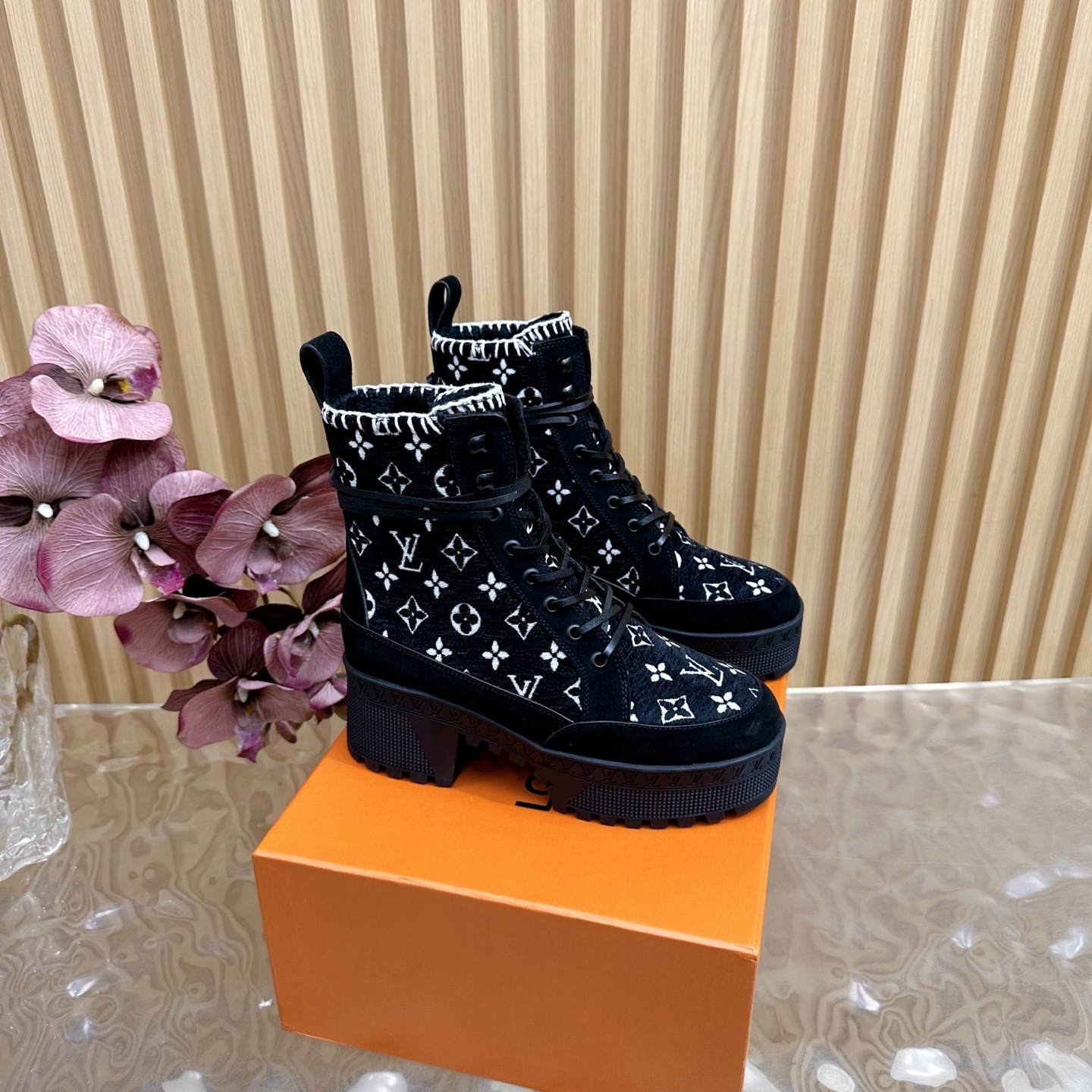 Louis Vuitton Monogram Embroidered Platform Combat Ankle Boots