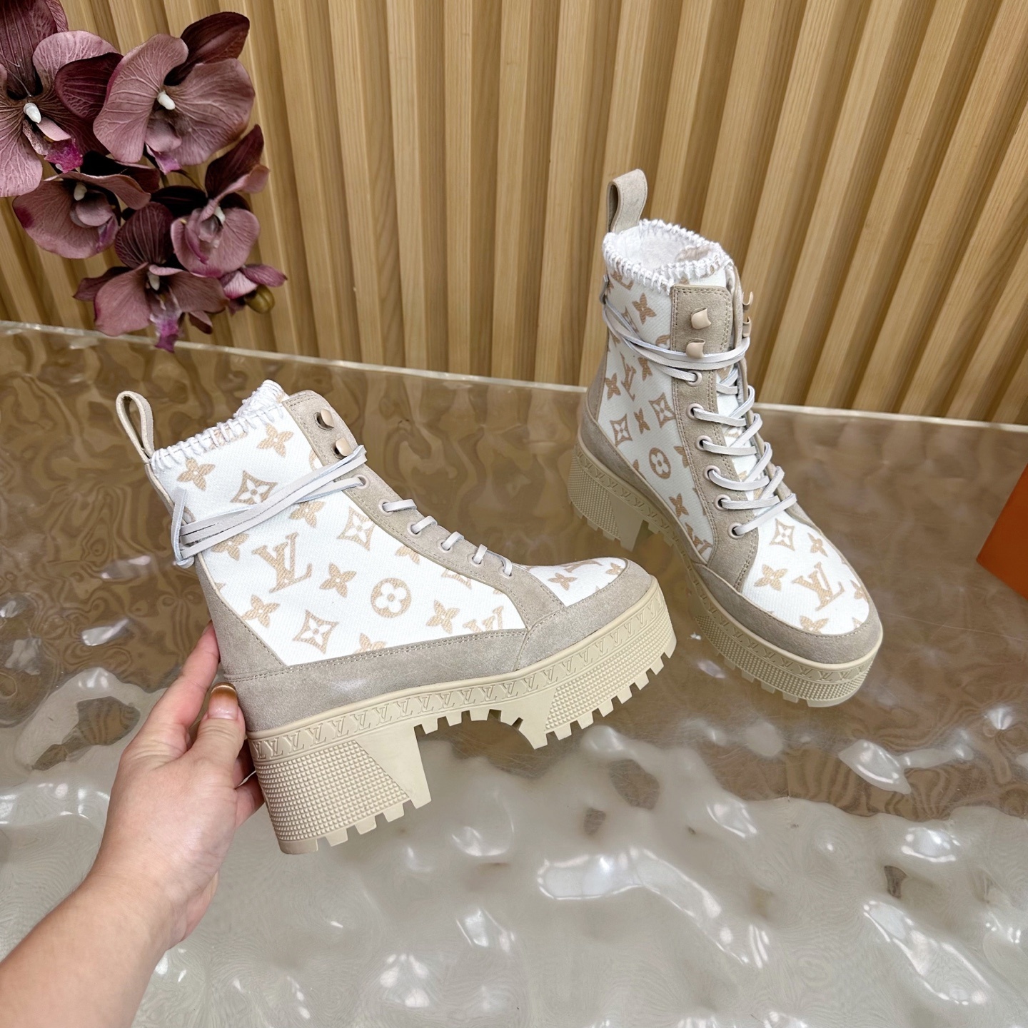 Luxury Beige Monogram Platform Boots - Women's Designer Lace-Up Shoes