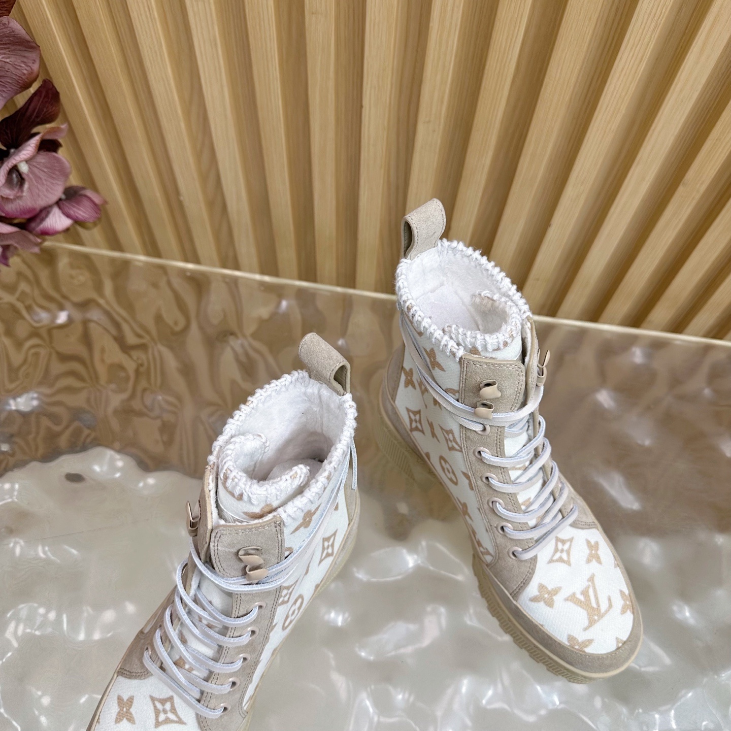 Luxury Beige Monogram Platform Boots - Women's Designer Lace-Up Shoes