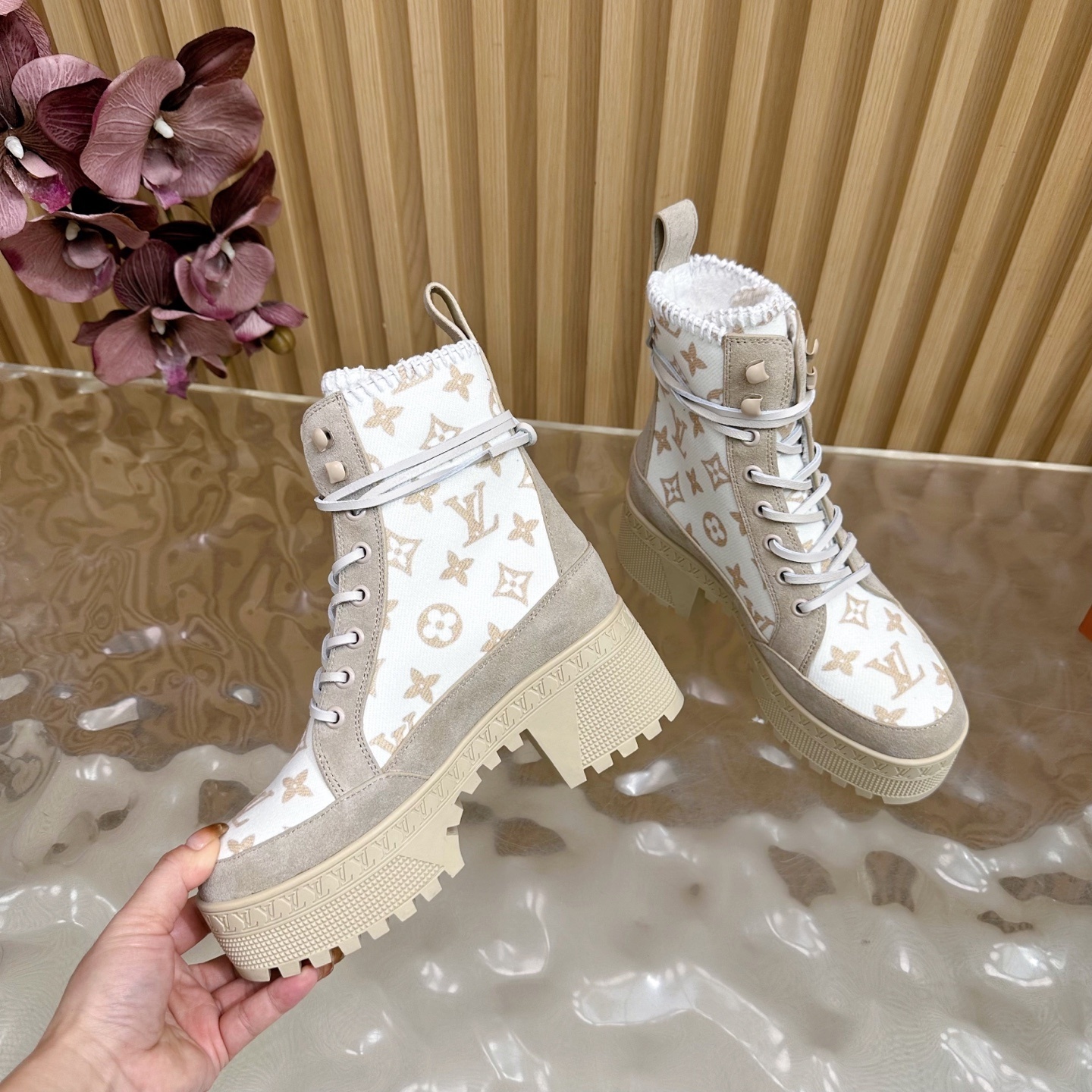 Luxury Beige Monogram Platform Boots - Women's Designer Lace-Up Shoes