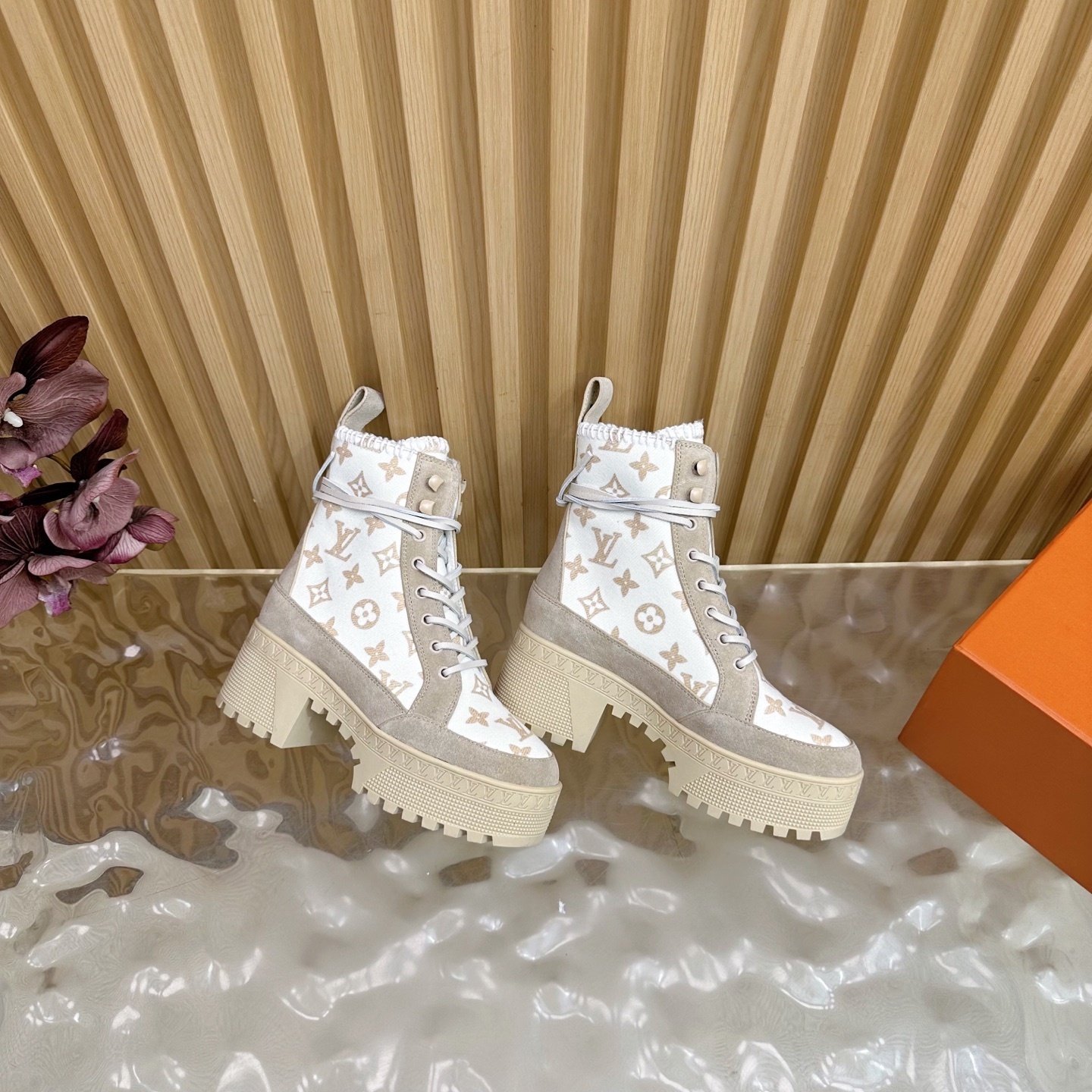 Luxury Beige Monogram Platform Boots - Women's Designer Lace-Up Shoes