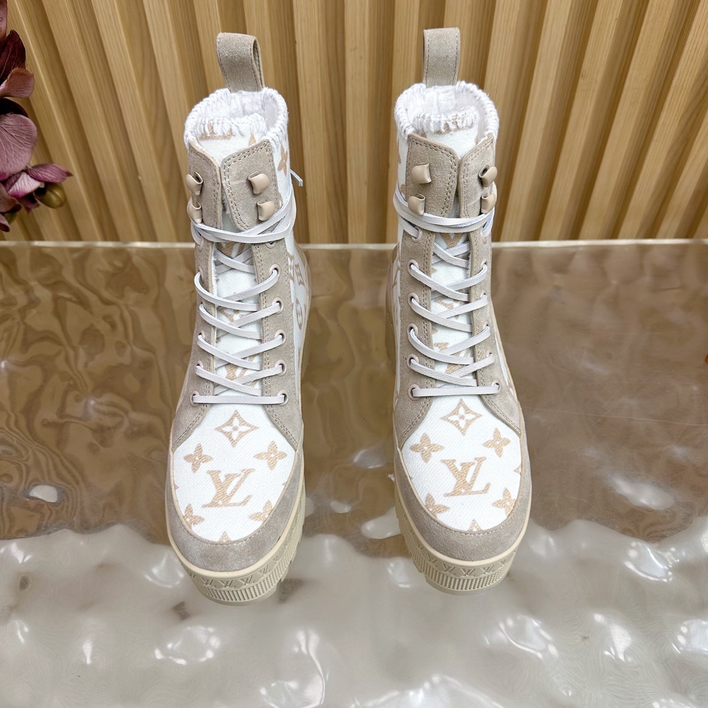 Luxury Beige Monogram Platform Boots - Women's Designer Lace-Up Shoes