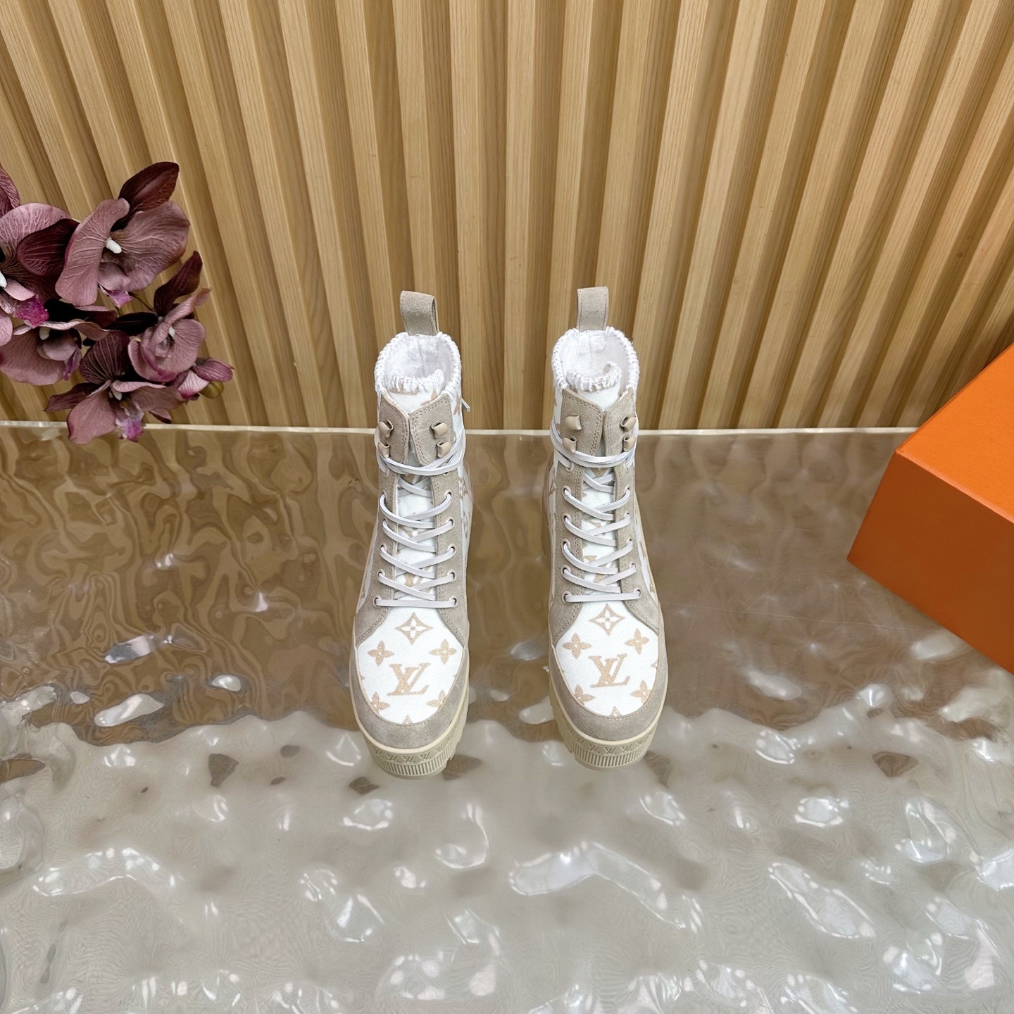 Luxury Beige Monogram Platform Boots - Women's Designer Lace-Up Shoes