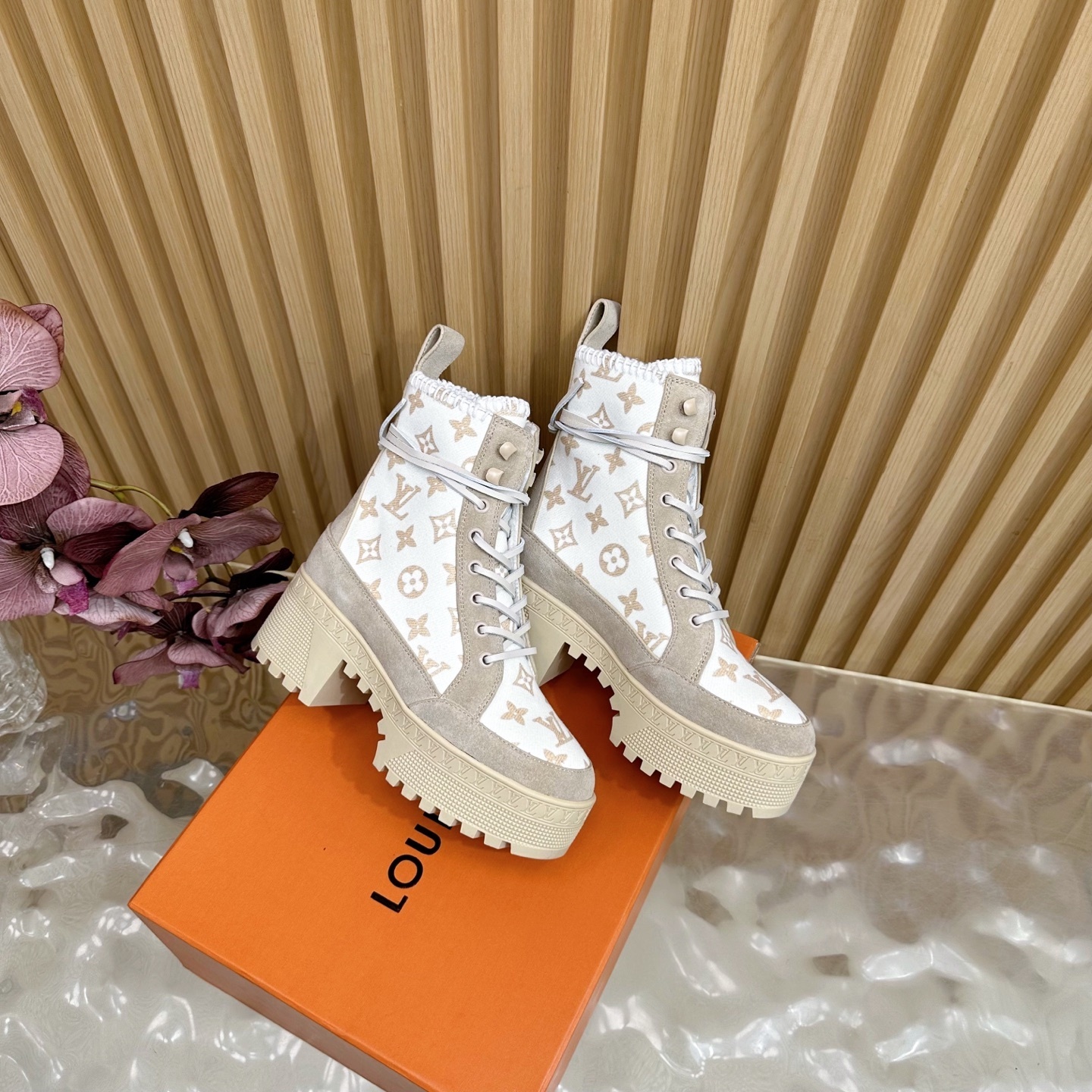 Luxury Beige Monogram Platform Boots - Women's Designer Lace-Up Shoes