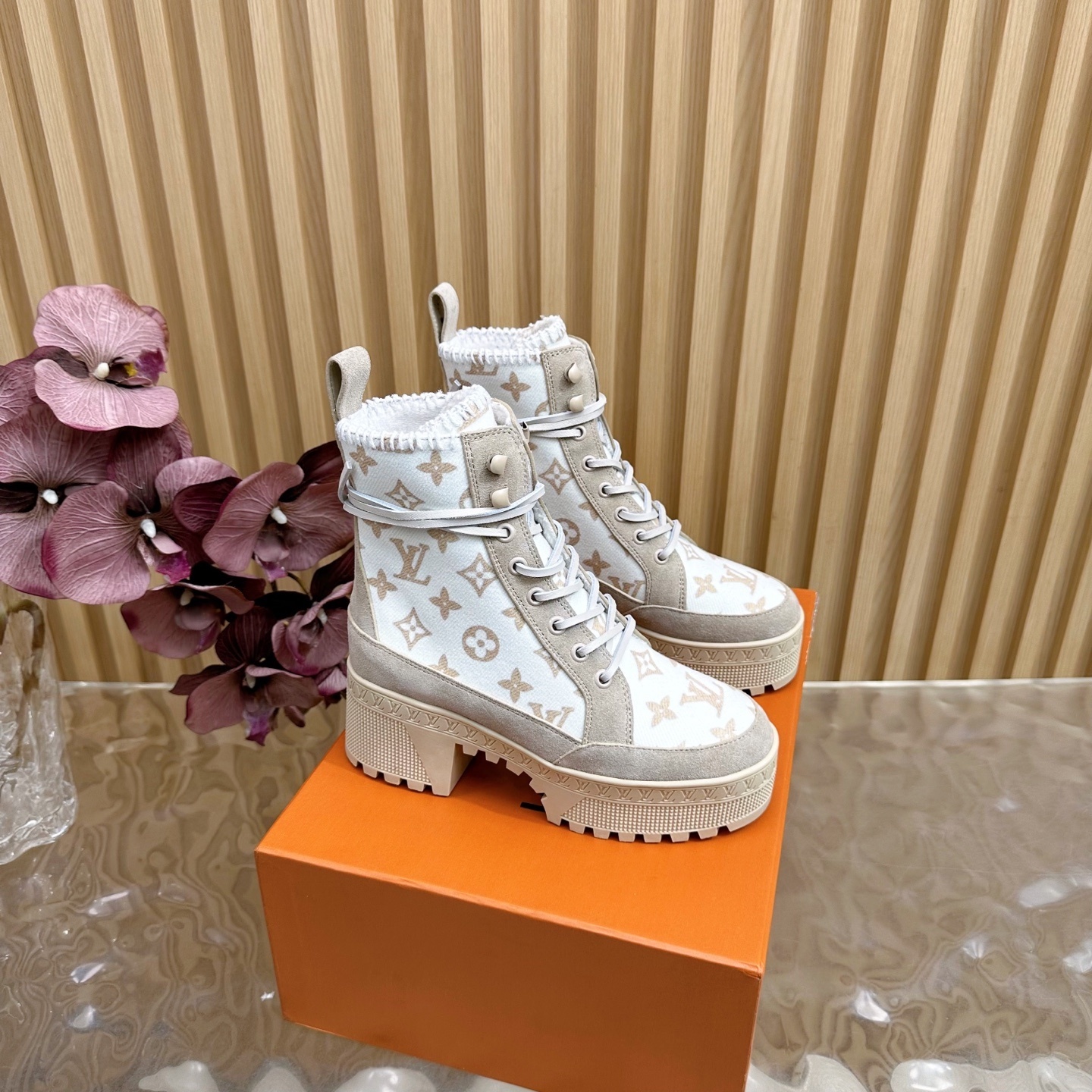 Luxury Beige Monogram Platform Boots – Women’s Designer Lace-Up Shoes