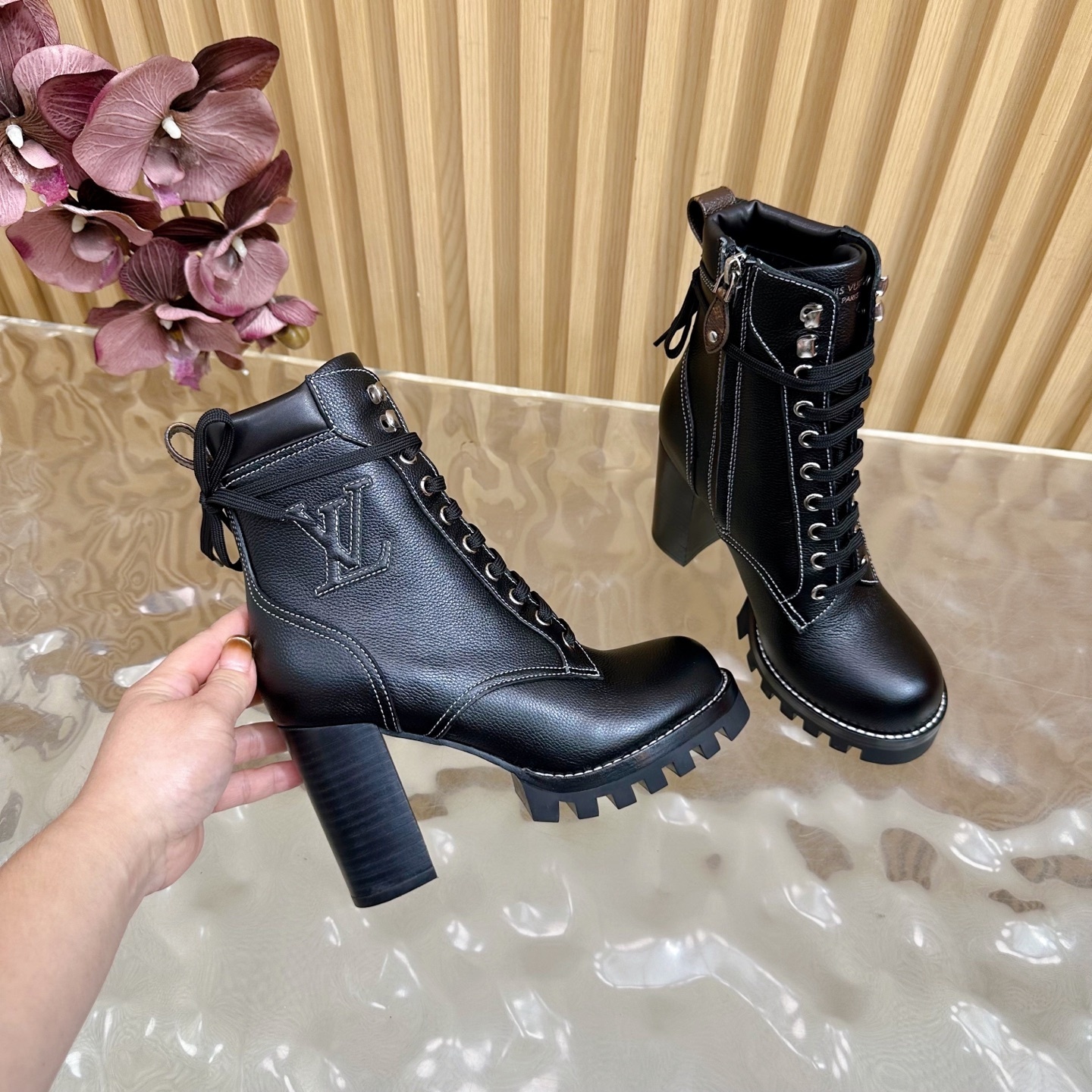 LV Black Leather Lace-Up Ankle Boots with Embroidered Logo