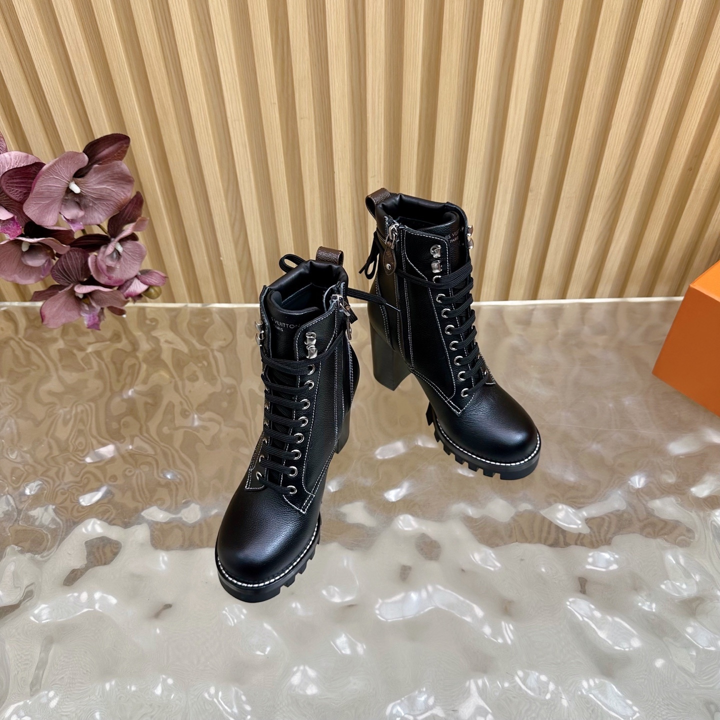 LV Black Leather Lace-Up Ankle Boots with Embroidered Logo