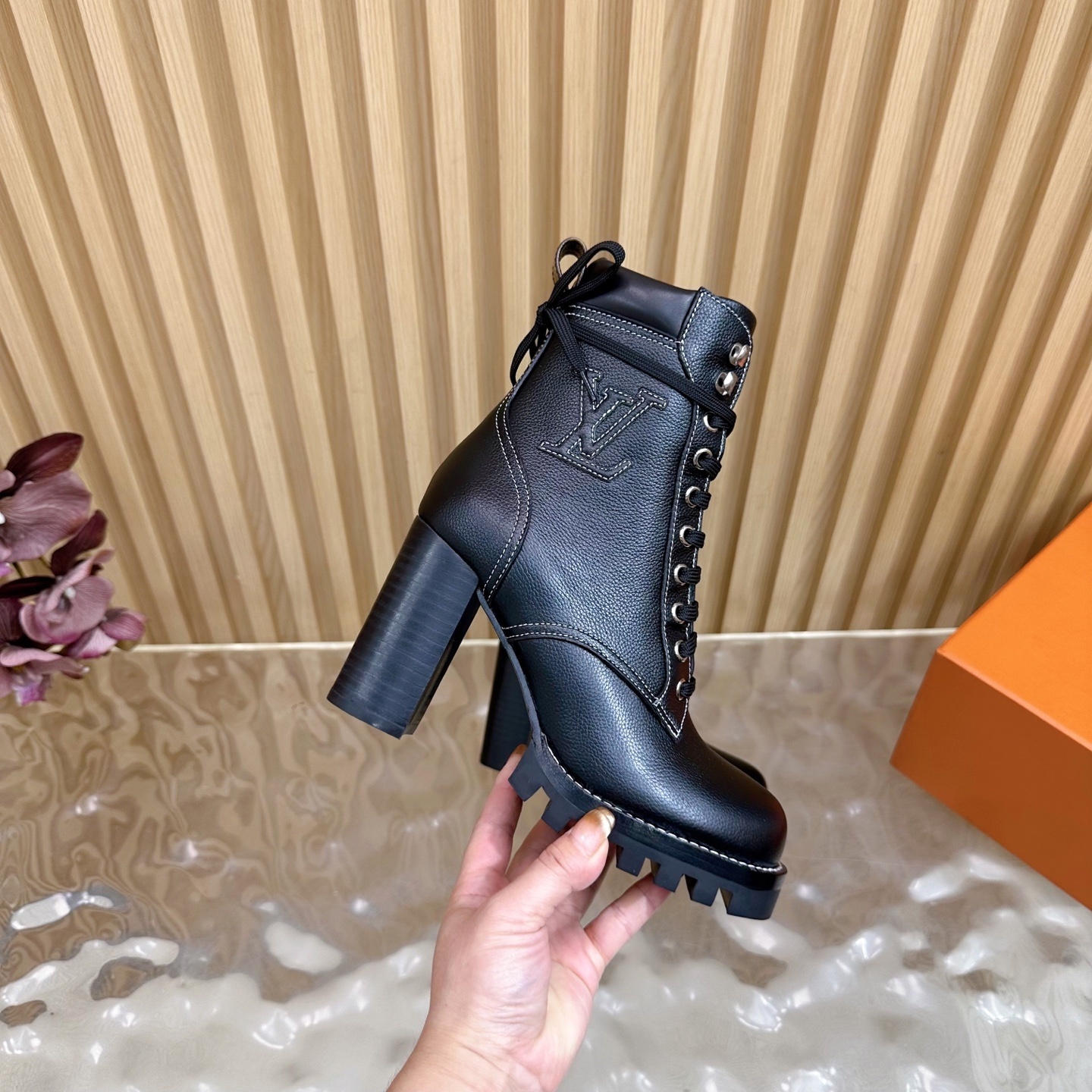 LV Black Leather Lace-Up Ankle Boots with Embroidered Logo