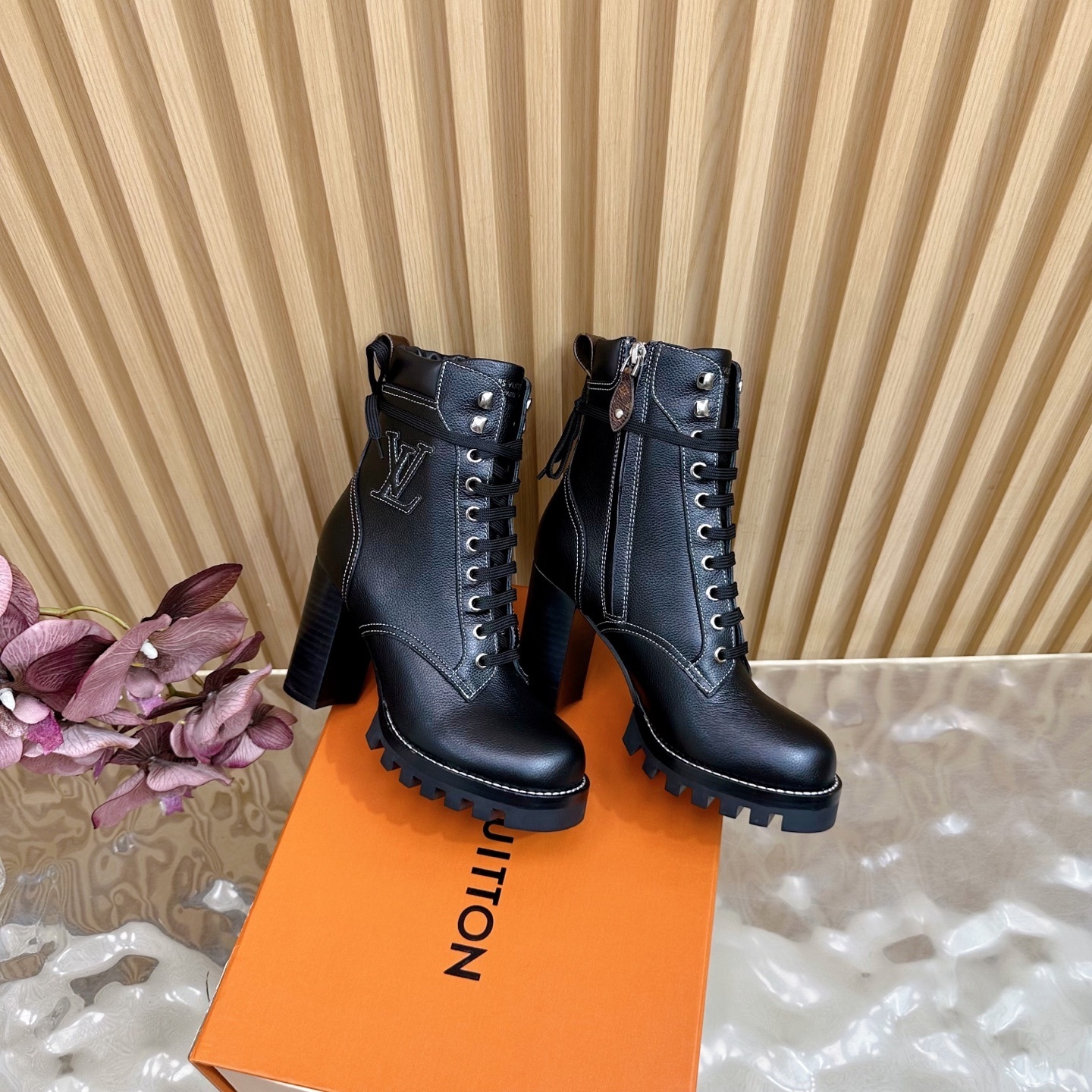 LV Black Leather Lace-Up Ankle Boots with Embroidered Logo
