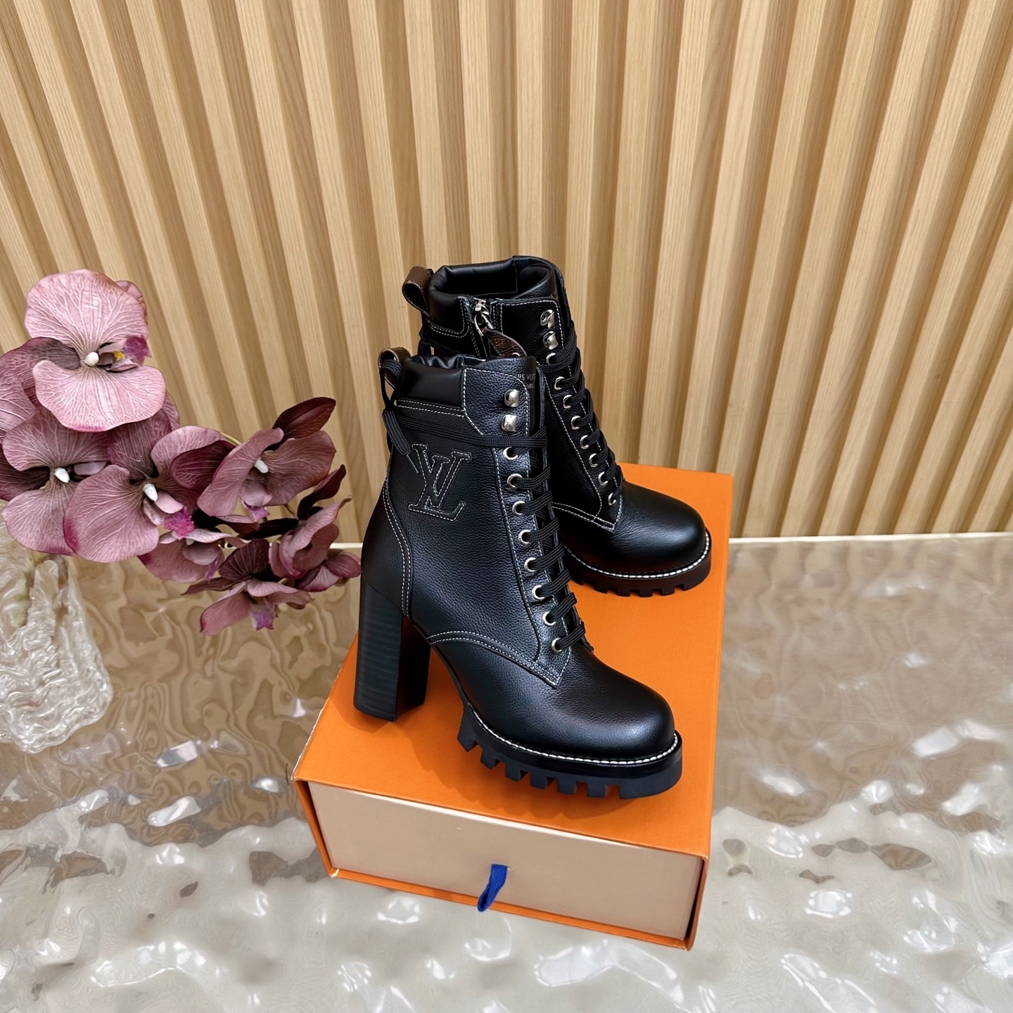 LV Black Leather Lace-Up Ankle Boots with Embroidered Logo