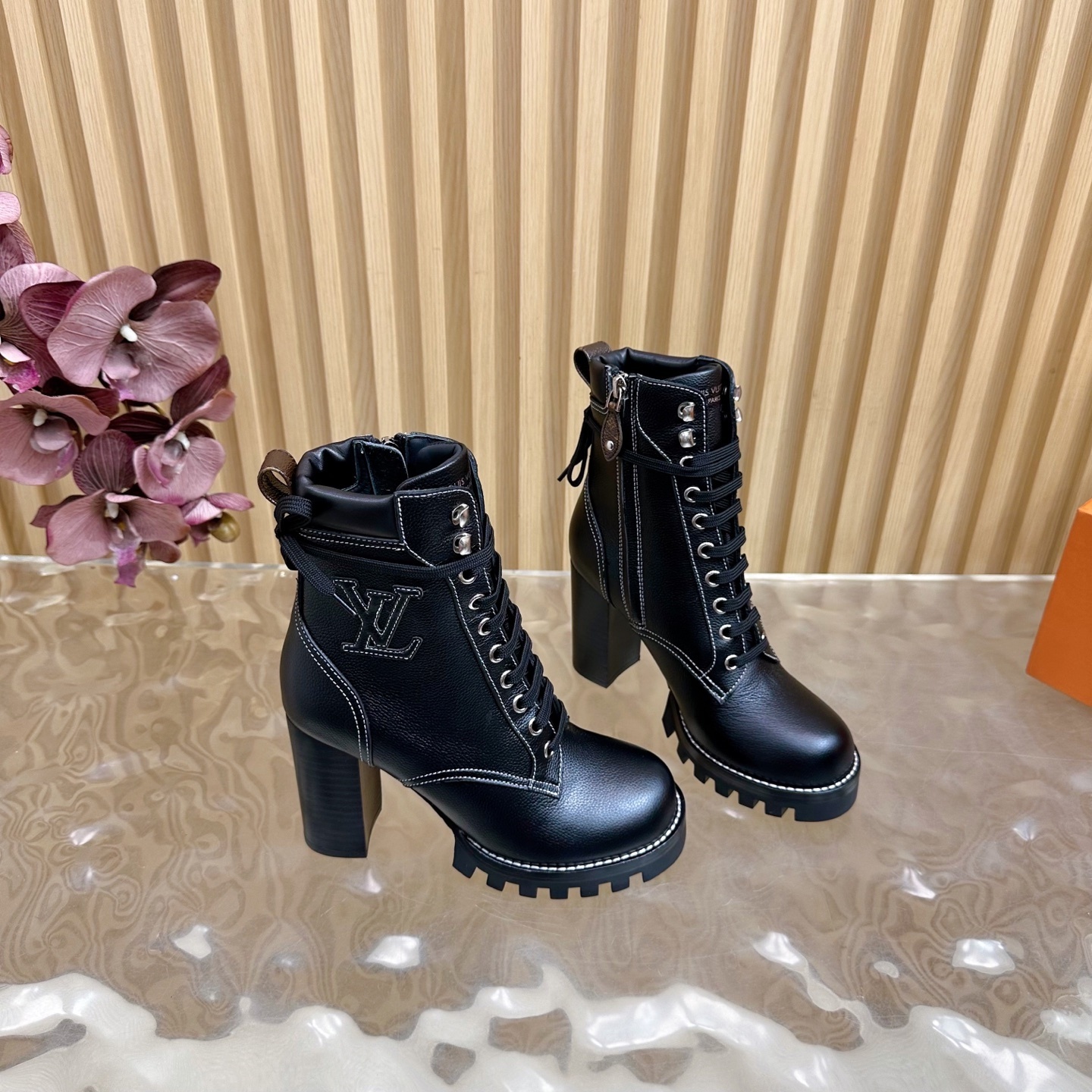 LV Black Leather Lace-Up Ankle Boots with Embroidered Logo